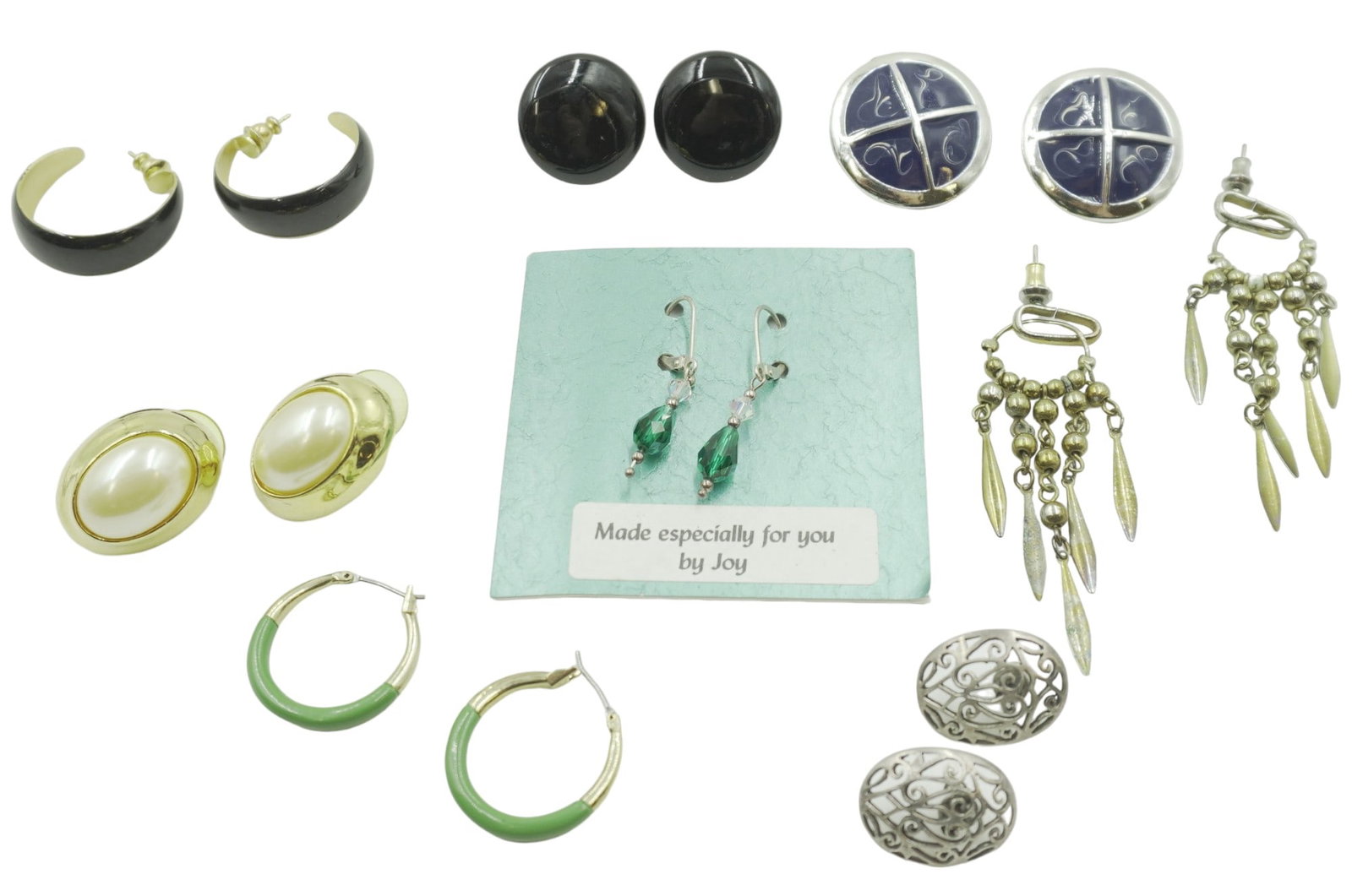 LOT OF COSTUME EARRINGS INCLUDING STERLING AND SWAROVSKI - 8 PAIRS: 8 pairs of vintage earrings including one pair of sterling earrings with Swarovski crystals. Total lot weight is 2 oz.