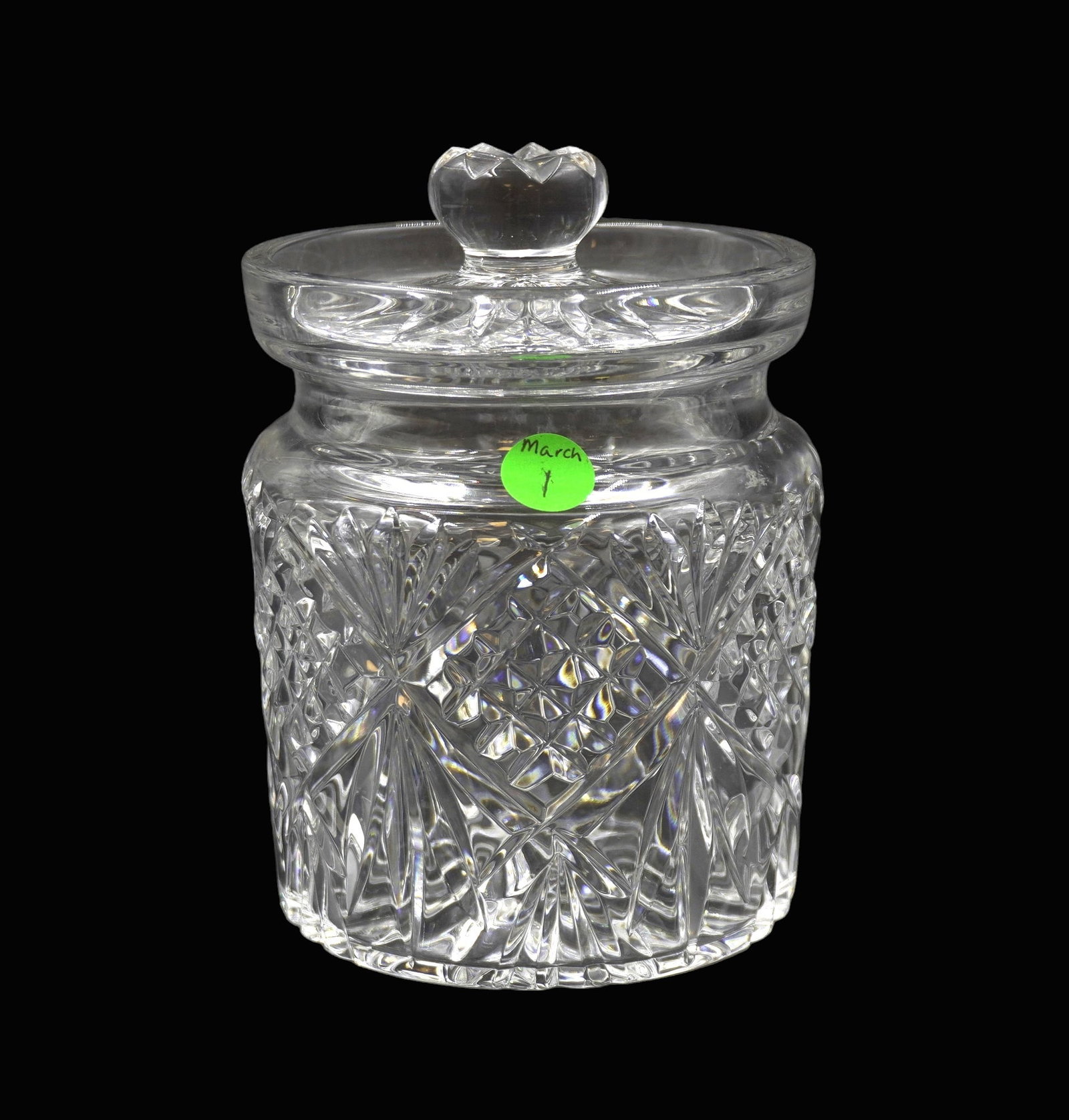 VINTAGE WATERFORD CRYSTAL BISCUIT BARREL: Vintage Waterford Crystal Biscuit Barrel. Fan and diamond pattern. Measures 5"x5"x7". Weight 3 lbs 6 oz