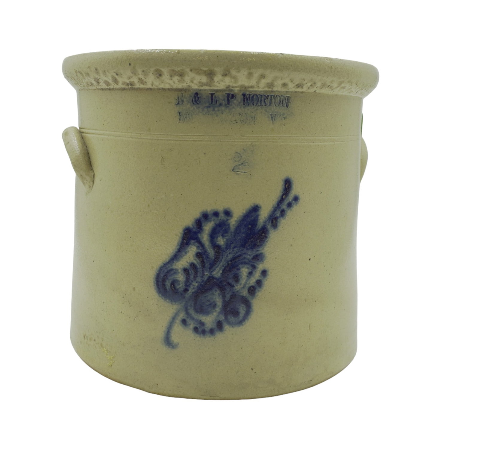 E. & L.P. NORTON ANTIQUE 2 GALLON CROCK VERMONT 1859: Antique E. & L.P. Norton, Bennington, Vermont Crock c. 1859-1879. This antique 19th c. crock features a the Pottery Stamp with Cobalt Wash and a Freehand Leaf. The cobalt is shiny and really stands ou