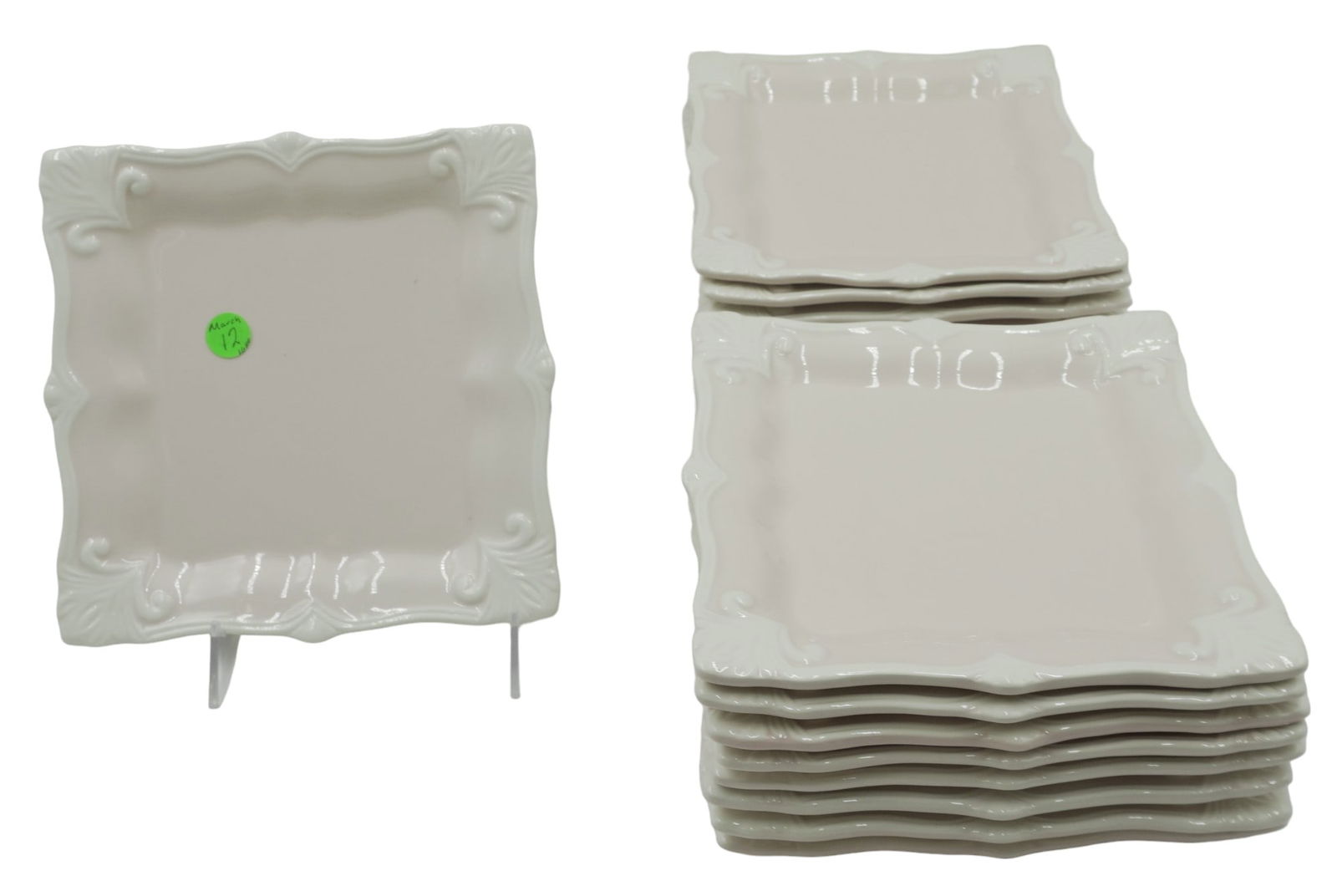 SET OF 16 NEIMAN MARCUS BAROQUE LUNCHEON PLATES: Set of 16 Pink and Cream Baroque Luncheon / Dessert Plates. Square, baroque-design dinnerware handcrafted in Portugal of earthenware for Neiman Marcus. Each 8"x8". Weight 17 lbs 12 oz.