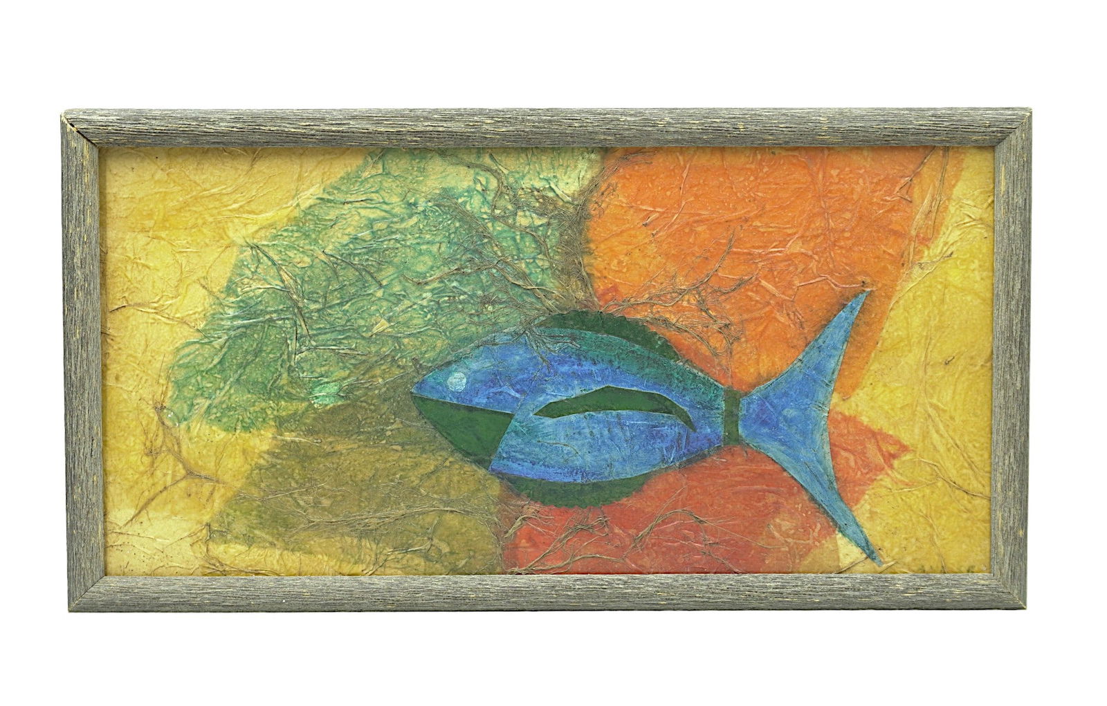 MCM 1966 FISH COLLAGE ANN WALKLEY: MCM 1966 Fish Collage by Ann Walkley. Tissue Paper, Art Paper & String. In wood frame measures 21.5"x11.5"x1.5". Weight 2 lbs.