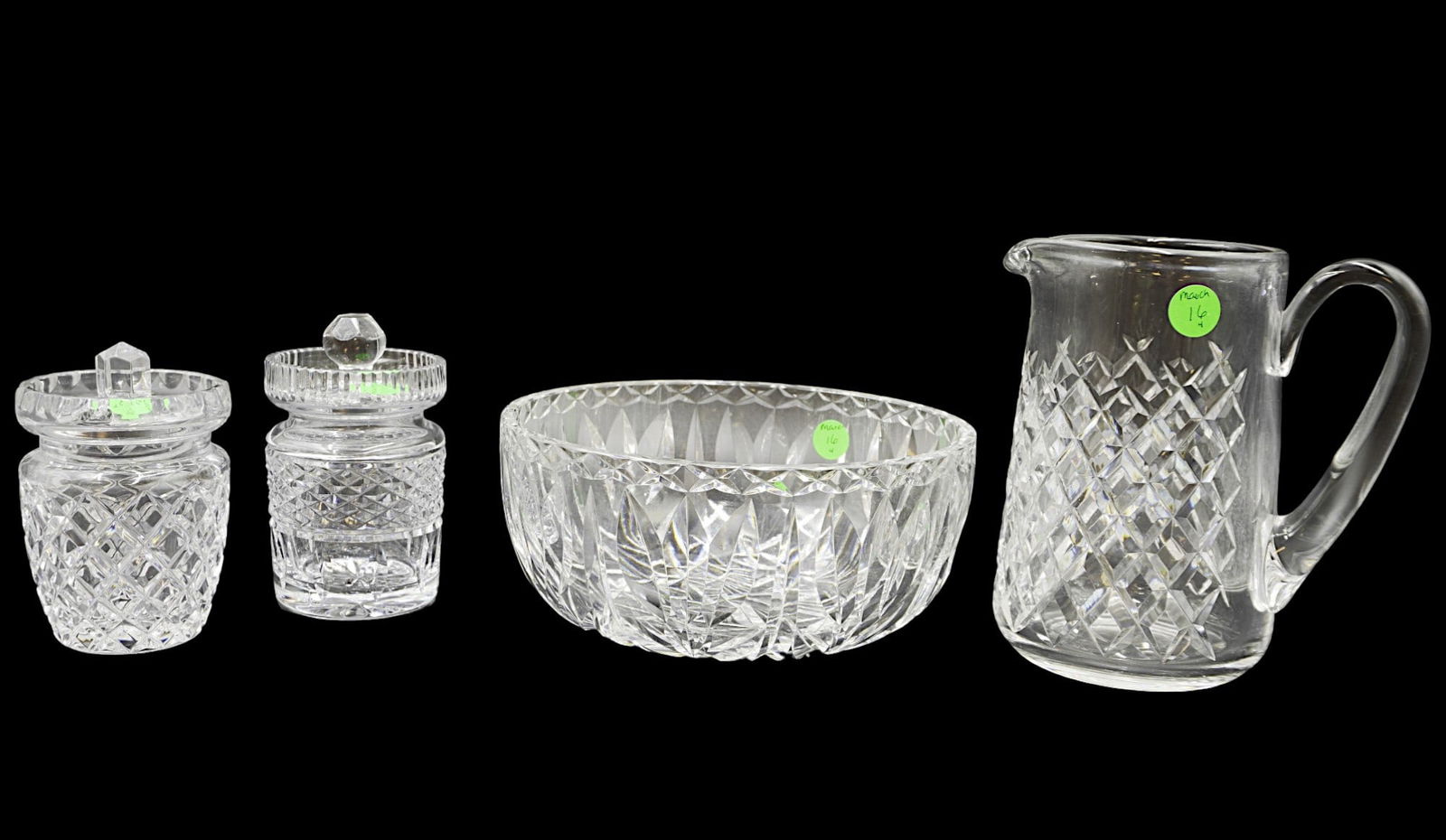 4 pc WATERFORD CRYSTAL PITCHER - BOWL - HONEY POTS: 1- Waterford Alana Pitcher 6 5/8" . 2- Waterford Crystal Bowl 8"x8"x3.5". 3- Waterford Crystal Honey Jar with lid 5". 4- Waterford Crystal Honey Jar with lid 5". Weight on all combined 7 lbs 11 oz.