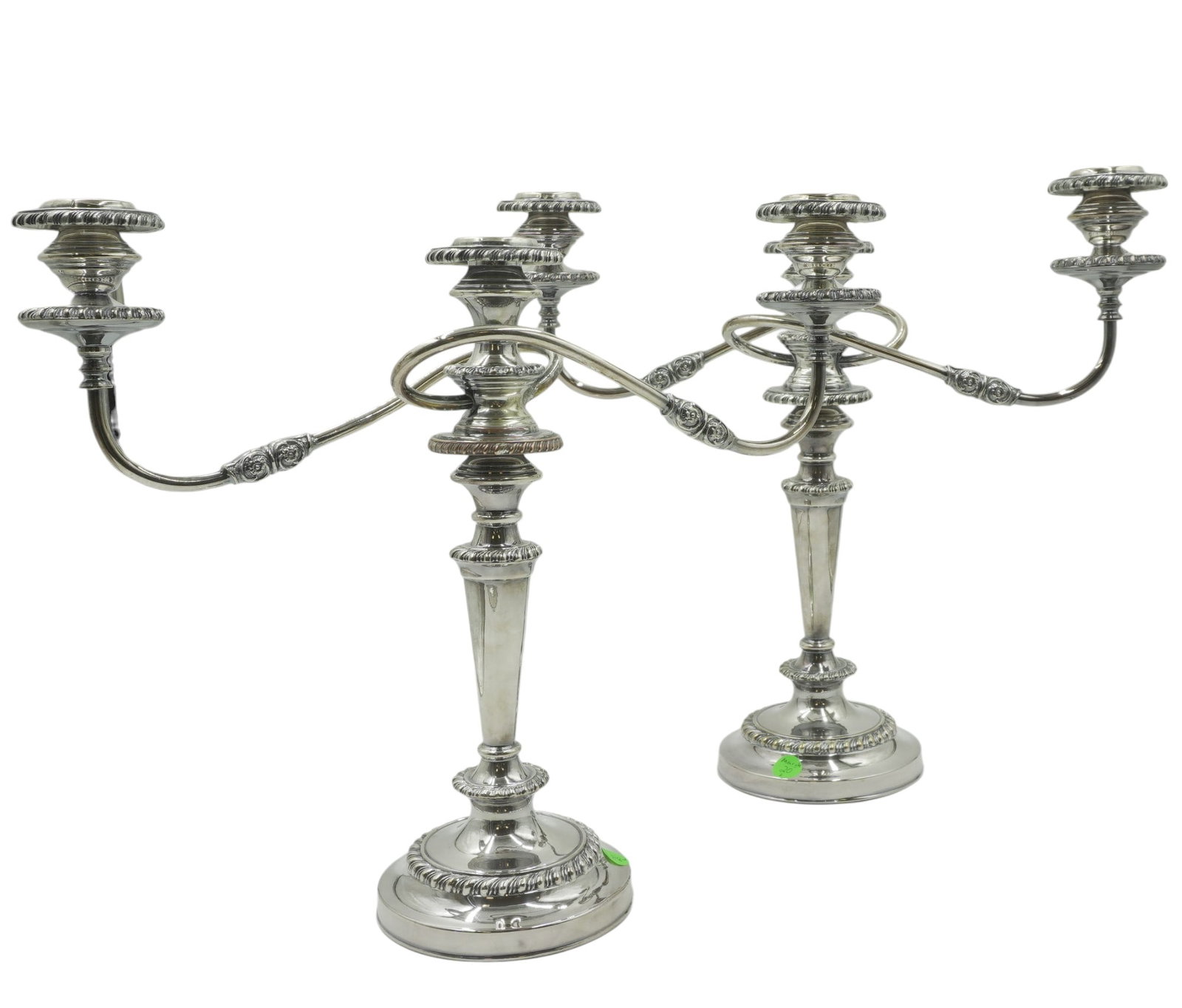ANTIQUE PAIR OF SILVER ON COPPER CANDELABRA: Antique Pair of Silver on Copper Three-Light Convertable Candelabra, circa 1900. Each 17"x5"x15". Weight combined 10 lbs 6 oz