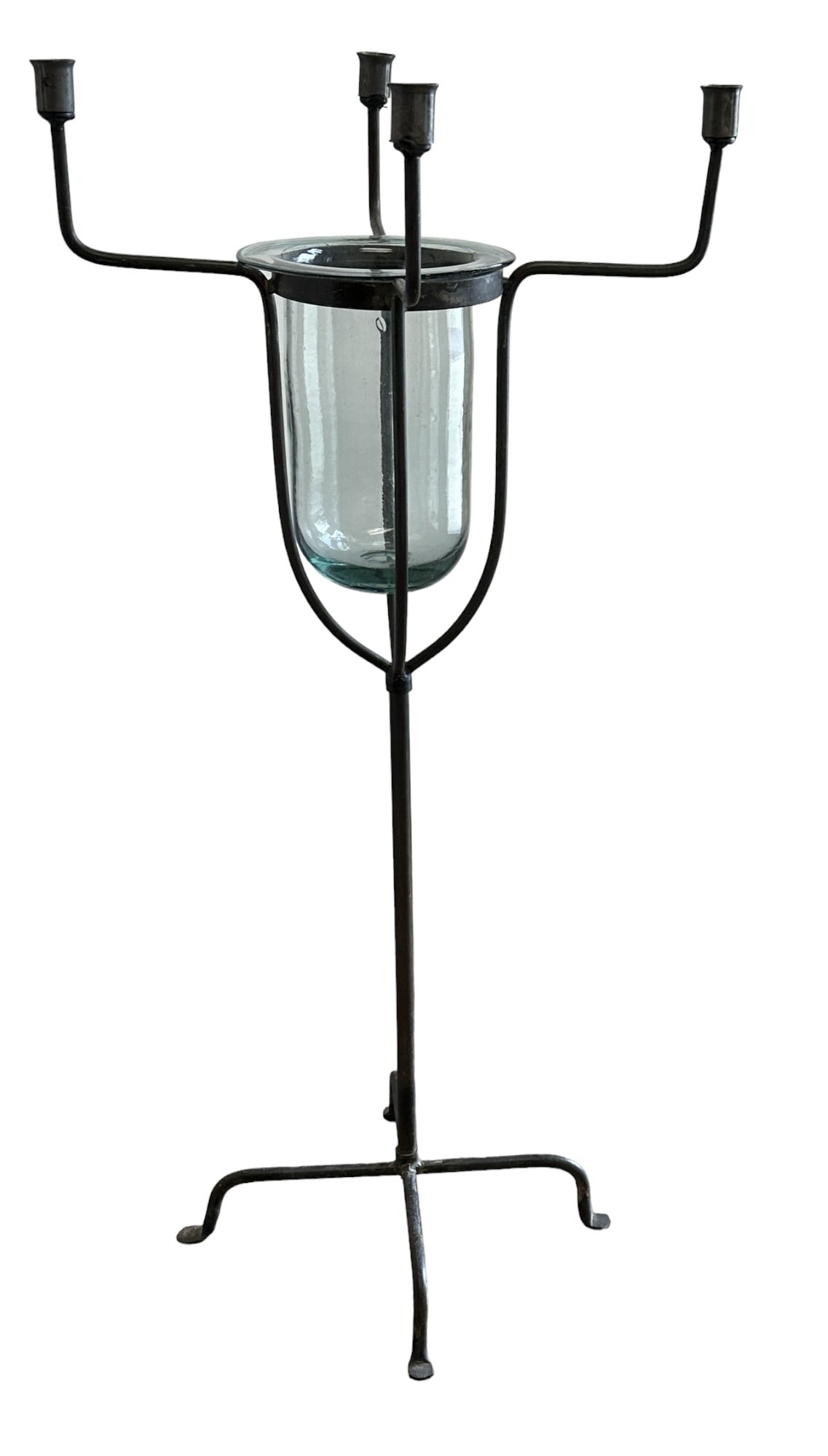 FLOOR WROUGHT IRON CANDLE STAND W BLOWN GLASS CENTER: Vintage Wrought Iron Floor 4 Light Candle Stand with Blown Glass Center Vase. New Mexico. Measures 19"x19"x38". Weight 20 lbs