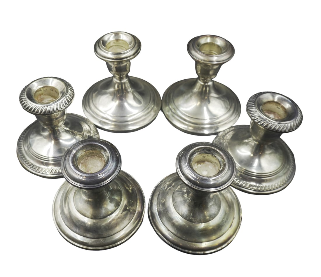 6 STERLING SILVER CANDLESTICKS: 3 Pair (6) Vintage Sterling Silver Weighted Candlesticks. Gorham 3.75"x3.25". Empire Sterling 3.5"x3".Lunt 3.5"x3". Weight on all
