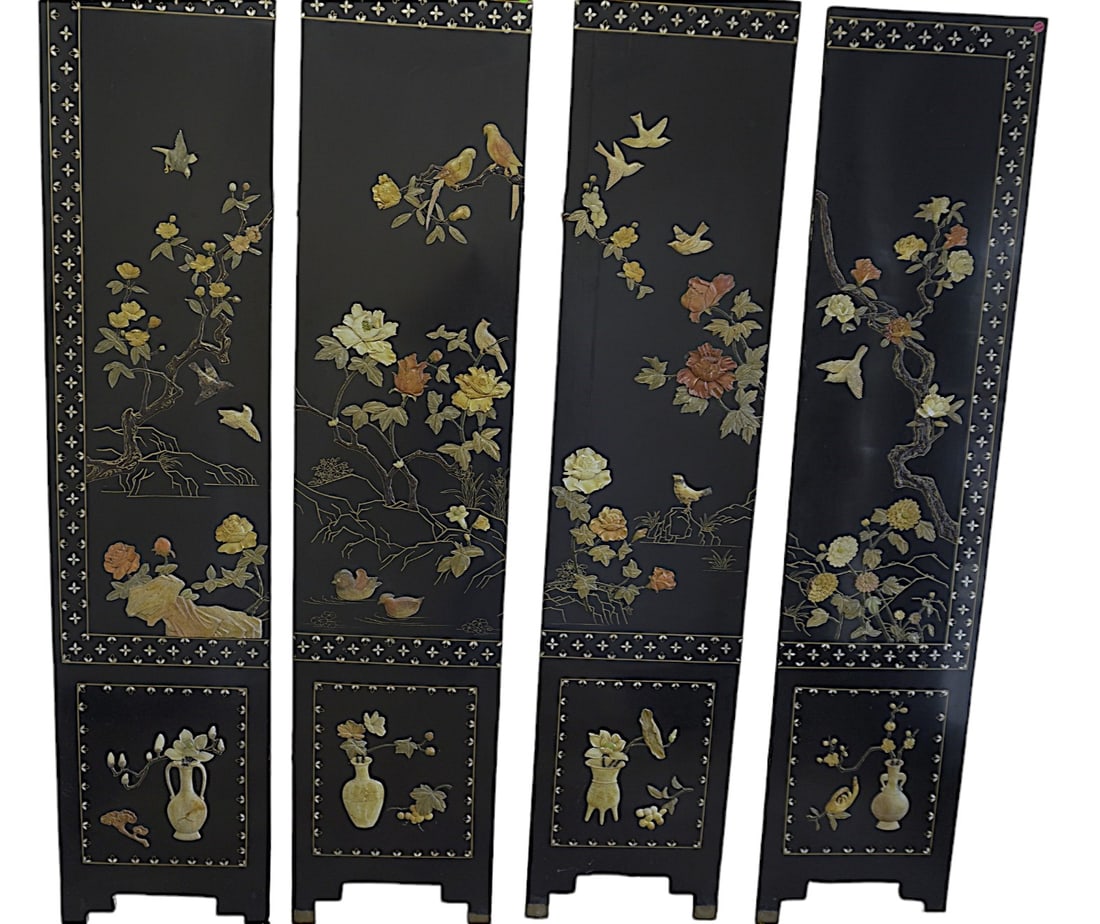 ANTIQUE 4 PANEL INLAID CHINESE SCREEN: Antique 4 Panel Chinese Screen. The piece is crafted from natural stone and black lacquer wood. Carved and inlaid details throughout. The figurals and designs are raised from the surface. Each Panel m