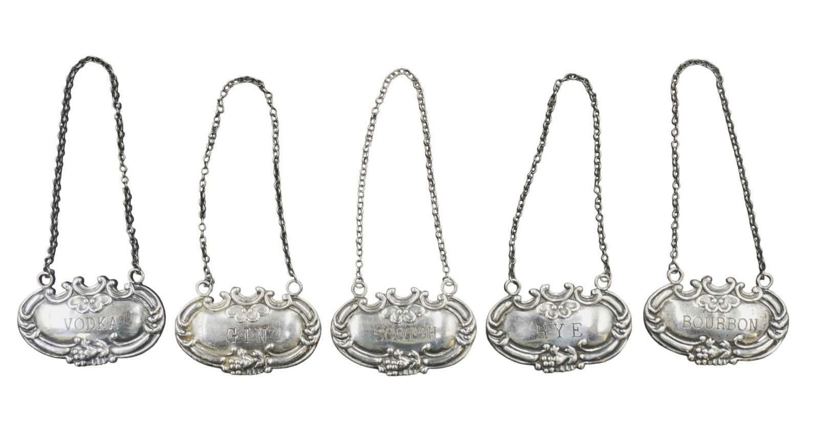 5 STERLING SILVER LIQUOR LABELS: 5 Vintage Sterling Silver Liquor Labels. Bourbon, Vodka, Rye, Scotch,Gin. Each Label 2". Approximate Silver Weight 44 grams.