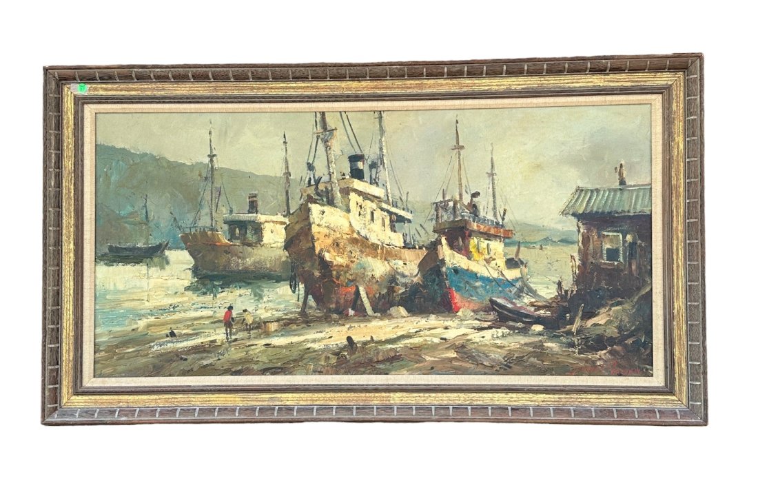 DURVAL PEREIRA (1918-1954) FISHING BOATS OIL PAINTING: Vintage 1970 Durval Pereira (Brazilian, 1917-1984) Oil on Canvas "Fishing Boats" signed and dated by the artist lower right. In carved wood frame. Measures in frame 35"x31"x2.5",. Weight 16 lbs. Seasc