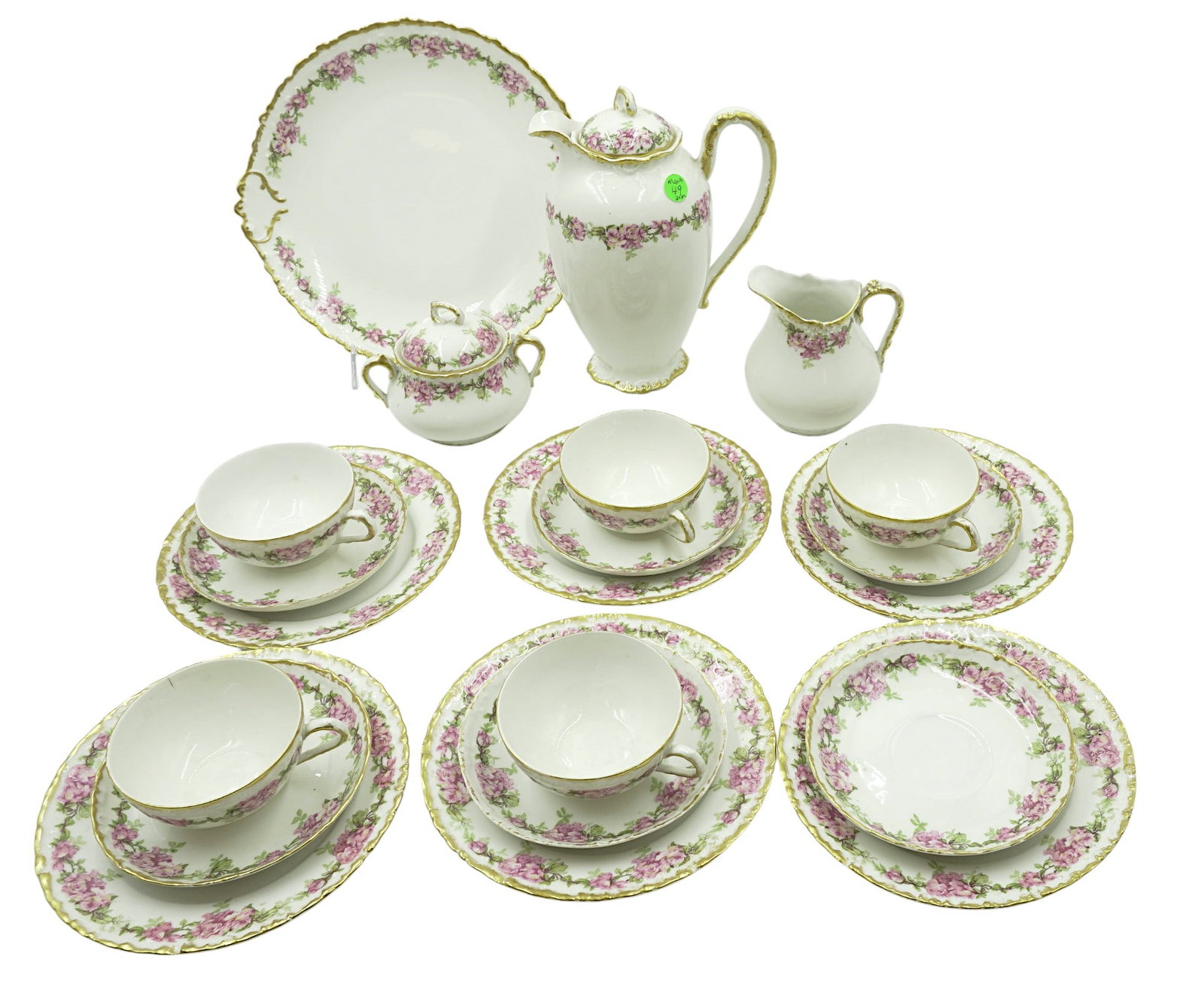 21 PC ANTIQUE LIMOGES CHOCOLATE POT & SET: Antique 21 Piece Chocolate Pot Set made by M&R M Redon France Limoges and retailed by Lewis Straus and Sons who exported porcelain from France to the United States. Includes Chocolate Pot 9", Cake Pla