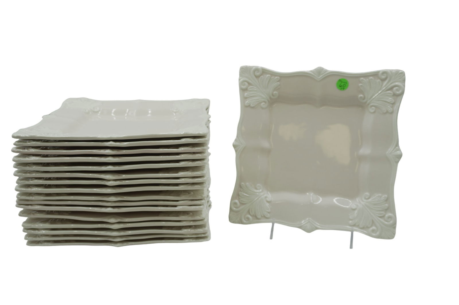 SET OF 17 NEIMAN MARCUS BAROQUE DINNER PLATES: Set of 16 Pink and Cream Baroque Luncheon / Dessert Plates. Square, baroque-design dinnerware handcrafted in Portugal of earthenware for Neiman Marcus. Each 8"x8". Weight 26 lbs 8 oz.