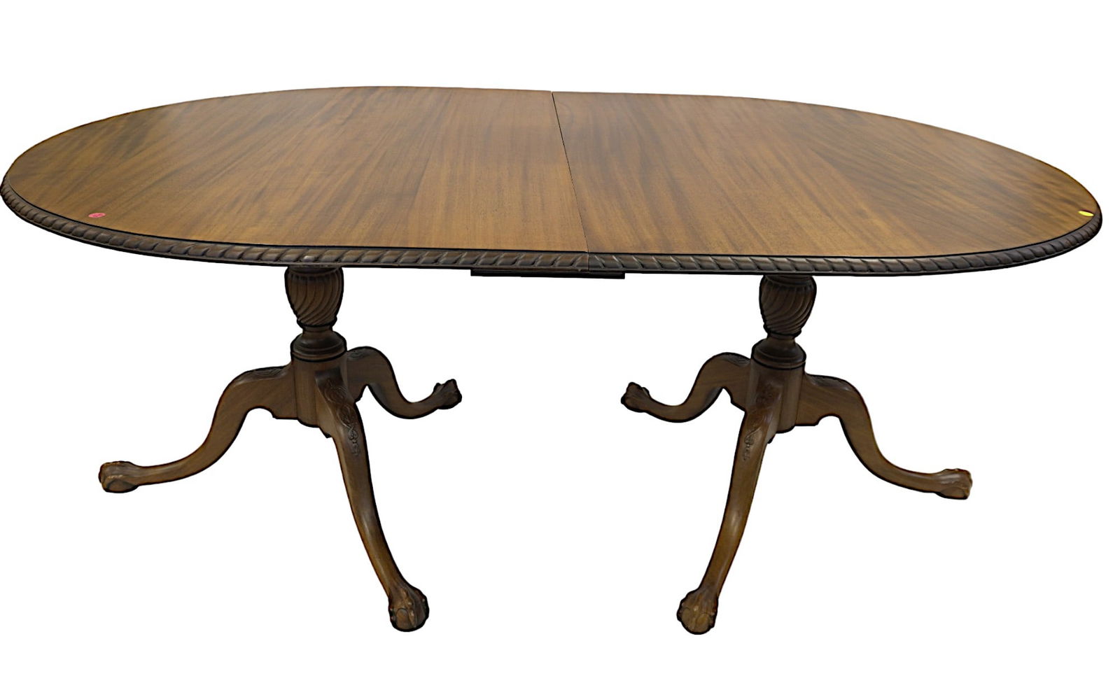 ANTIQUE 1903 PAINE CLAW FOOT DUAL PEDESTAL DINING ROOM TABLE: Antique 1903 Paine Furniture Dining Room Table measures 72" L x 45" W and 29" H. 2 leaves each 18 wide. Heavy Pads. Paine Furniture Company was one of the most renowned and sought-after furniture manu