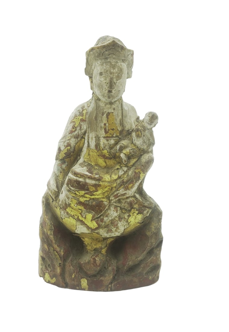 ANTIQUE CHINESE CARVED GUANYIN & CHILD: Antique Chinese Carved Polychrome Guanyin and Child. Measures 9 1/2" x 4 1/2" x 2". Total Weight 1 lb