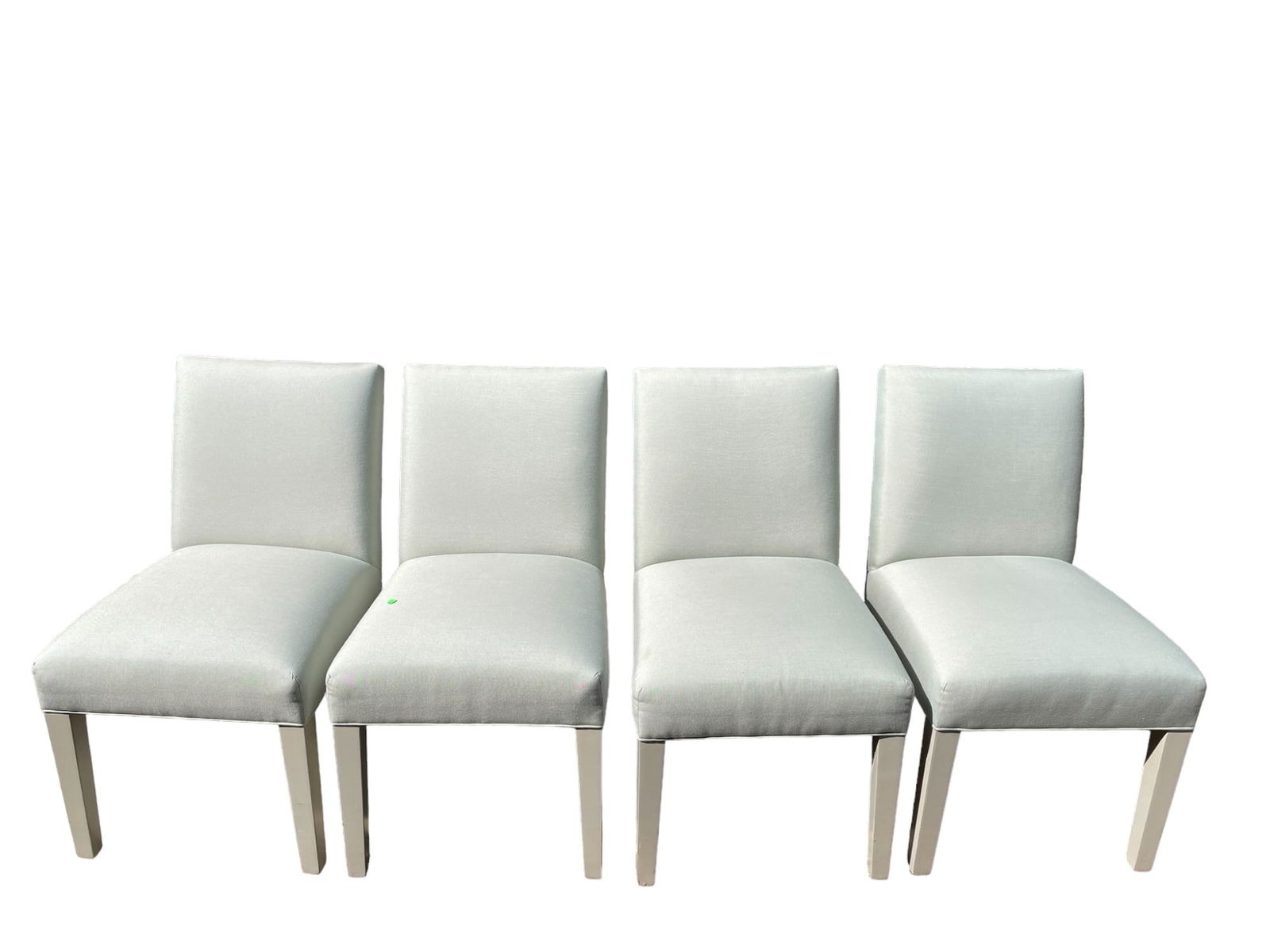 4 ETHAN ALLAN PARSONS DINING CHAIRS: 4 Ethan Allan Parsons Dining / Side Chairs in a Hunter Gray Linen Look. With 4 Custom Slipcovers with Gray, Black, Taupe Polka Dots. Chairs 20.5"x23"x36".