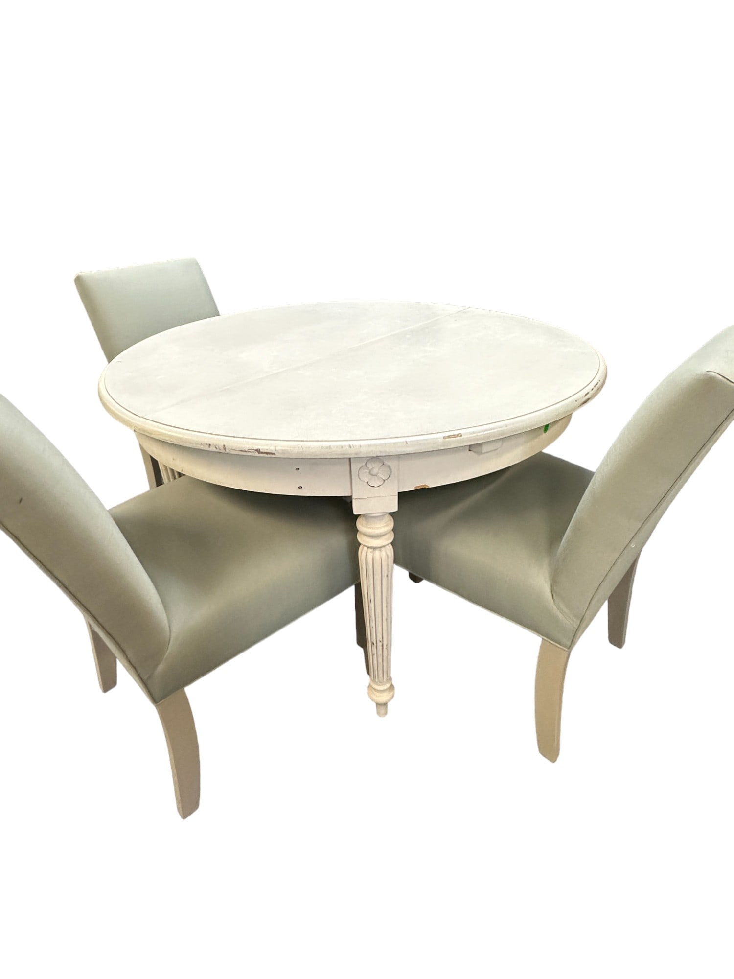 SWEDISH GUSTAVIAN STYLE EXTENDING PAINTED DINING TABLE: Swedish Gustavian Style Painted Extending Dining Table with two leaves. Painted a dove gray. Leaves are stowed under the table. Closed table measures 46.5"x46"x30". Each leaf 19".