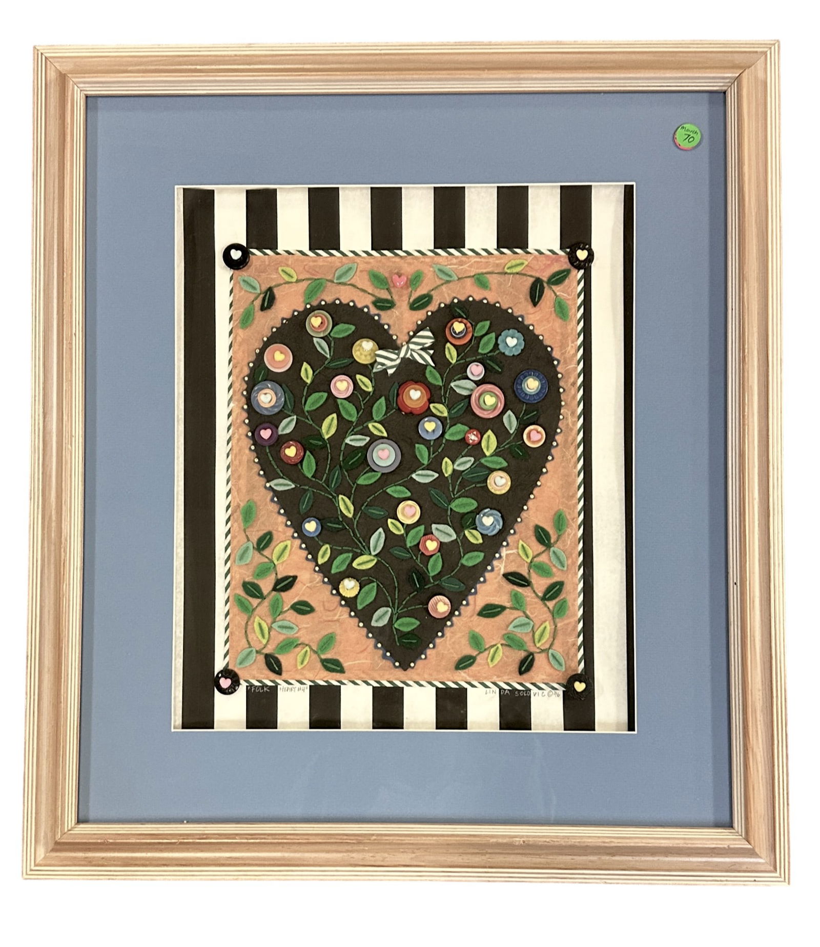 LINDA SOLOVIC MIXED MEDIA HAND MADE PAPER FOLK ART HEART: Mixed Media Collage with Hand made Paper "Folk Heart #4" by St. Louis contemporary folk artist, Linda Solovic. In Gallery Frame. In frame measures 23.5"x26.5"x1.5". Weight 6 lbs 6 oz.