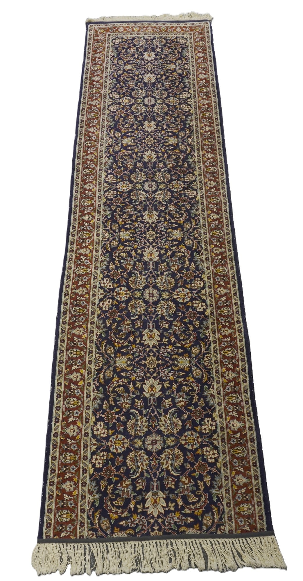HAND KNOTTED WOOL KASHMAR STYLE RUNNER: Vintage Kashmar Style Hand Knotted 100% Virgin Wool Runner made in Pakistan. Measures 116" x 31 1/2". Total Weight 13 lbs.