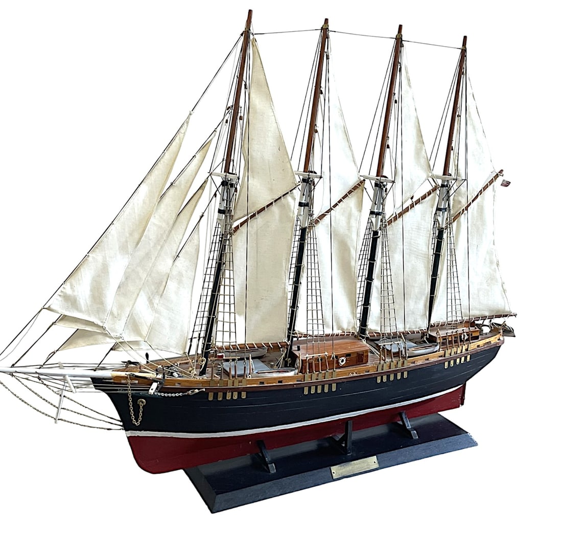 LARGE SENATOR SULLIVAN 4 MASTED SCHOONER MODEL: Large Senator Sullivan 1890 Masted Schooner Ship Model. Boston. Made by J.K. Eldridge. Measures 28" x 36 1/2" x 7 1/2". Total Weight 5 lbs.
