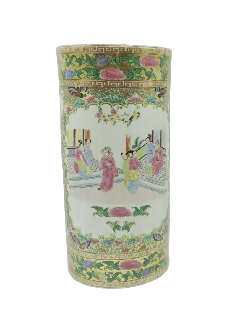 CHINESE PORCELAIN ROSE MEDALLION UMBRELLA STAND: Vintage 20th c. Chinese Porcelain Rose Medallion Umbrella Stand. Decorated with figural reserves, gilt accents. Measures 9 1/4"x9 1/4"x18 1/2". Weight 23 pds.