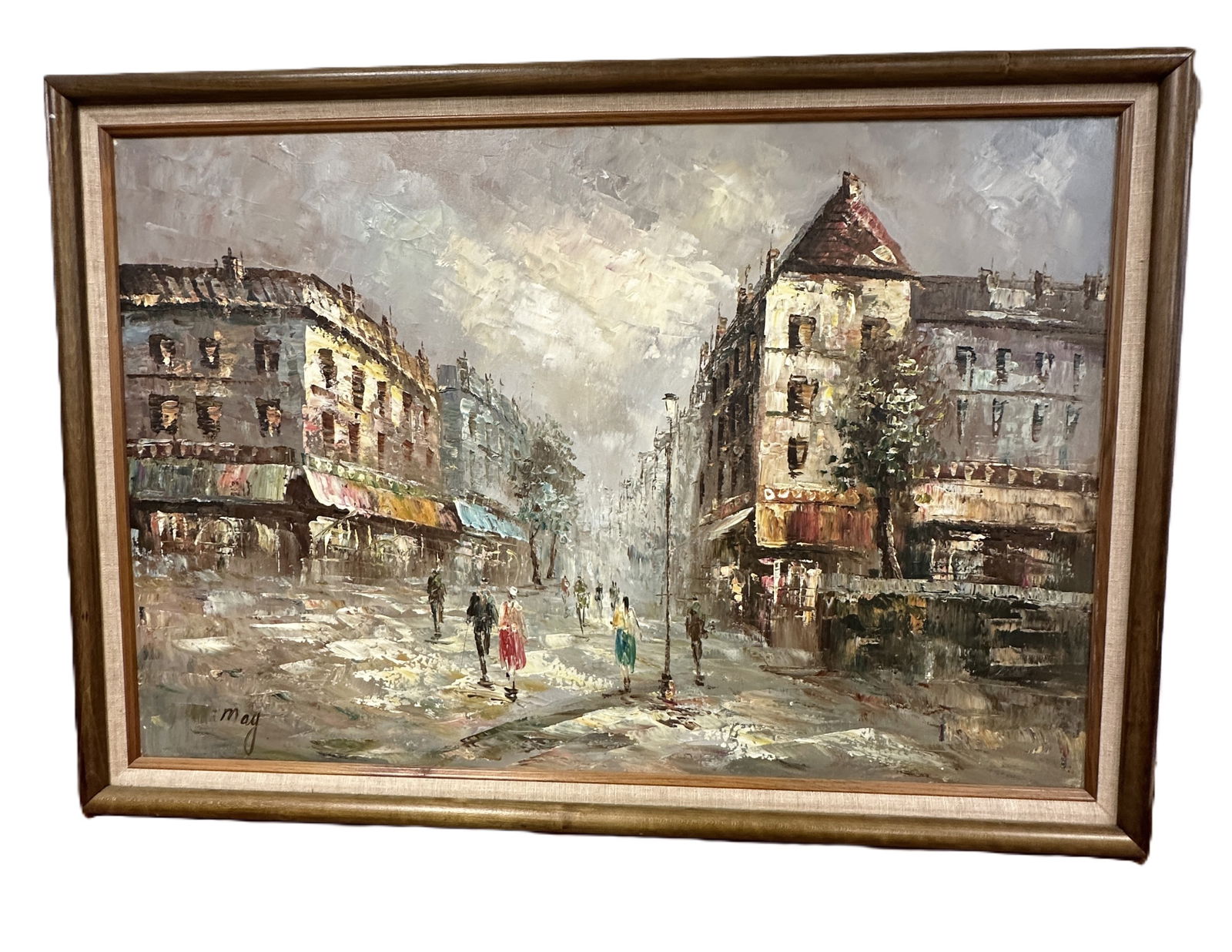 MCM FRENCH IMPRESSIONIST PARISIAN STREET SCENE: Vintage MCM French Impressionist Oil on Canvas Parisian Street Scene. Signed May lower left. Wood frame with linen liner. Measures 27 1/2" x 39 1/2" x 2". Total Weight 7lbs.