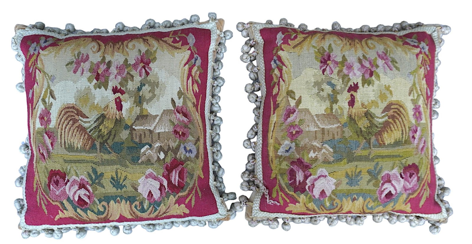PAIR OF PETIT POINT ROOSTER PILLOWS: Pair of Vintage Yu's Enterprize, California Petit Point / Needlepoint Throw Pillows. Each Measure 17" x 17" each. Weight PROVENANCE: A Private Estate, 1016 Fifth Avenue, NYC directly across from the M