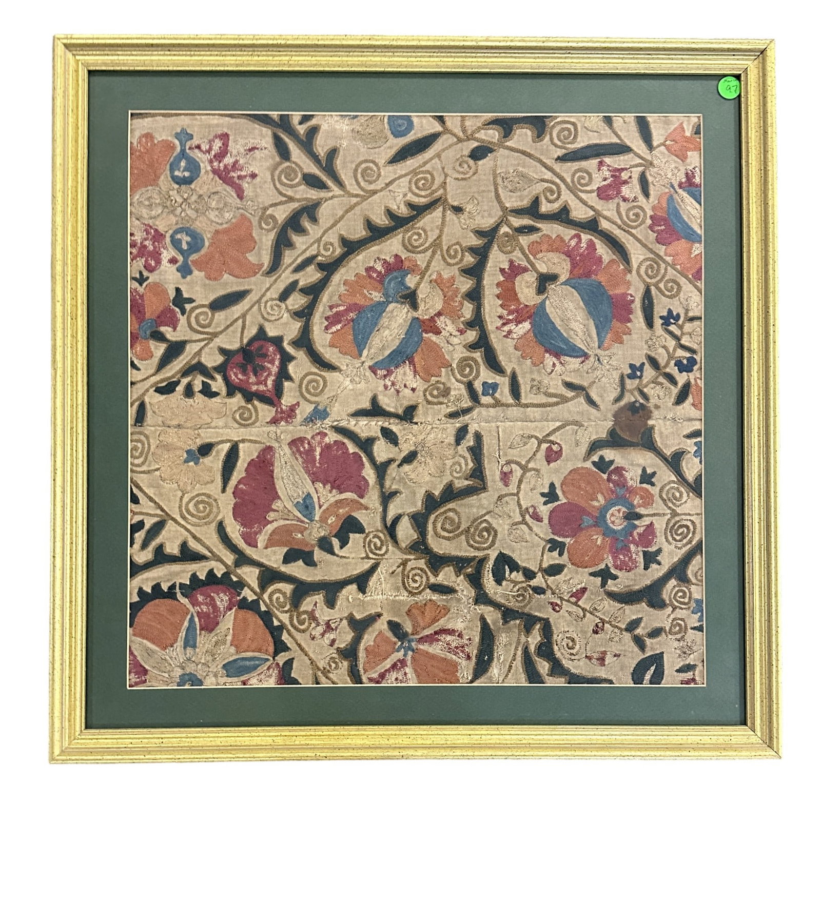 A 19TH CENTURY UZBEKISTAN SUZANI EMBROIDERED TEXTILE: Exceptional Hand Embroidered Suzani Uzbekistan Textile Fragment. Professionally framed, museum non glare measures 23.5"x23.75"x1". Weight 6 lbs.