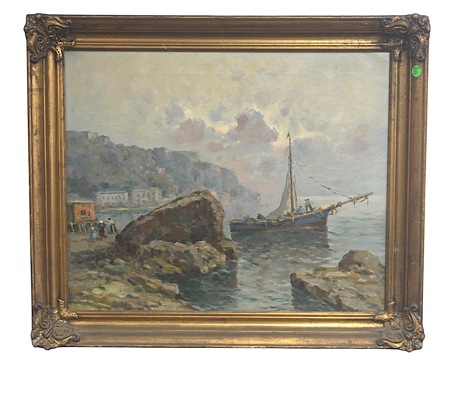 ITALIAN POST IMPRESSIONIST MARITIME ON CANVAS: Italian Post Impressionist c. 1900 Maritime Italian Fishing Boat Oil on Canvas. Signed D'Antonio. In gilt wood and gesso carved frame. Measures 22 1/4" x 26 1/4" x 2 1/2". Total Weight 6 lbs.