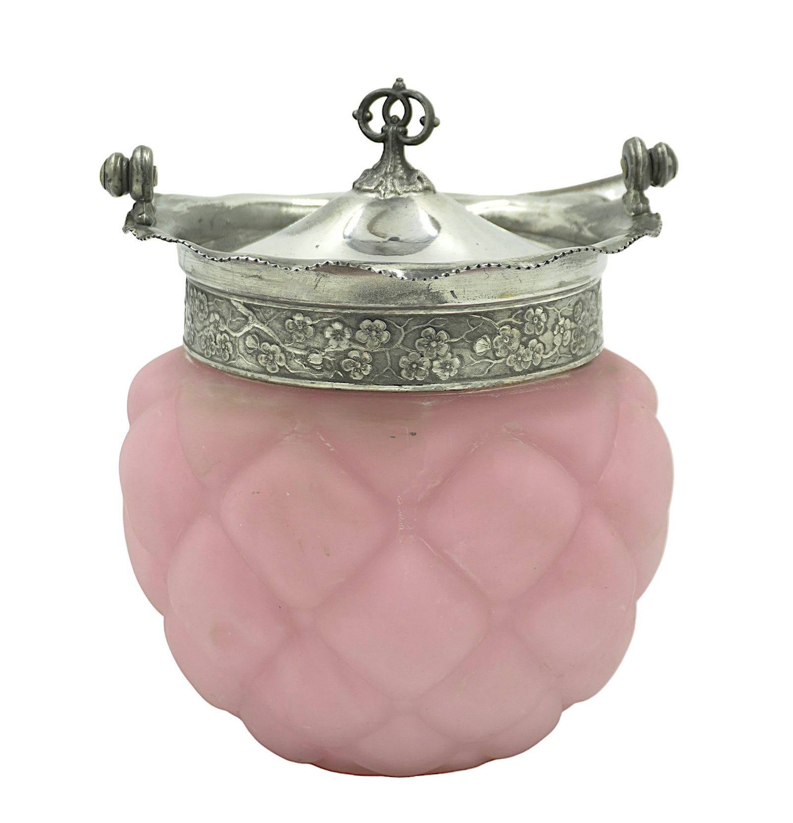 PAIRPOINT GLASS PINK FLORETTE BISCUIT JAR: Rare Antique Pairpoint Biscuit Jar in the "Florette" patternin puffy pin k satin glass. Measures 7 1/2"to top of lid. 6" wide. Opening 4.5". Weight 2 lbs 4 oz.