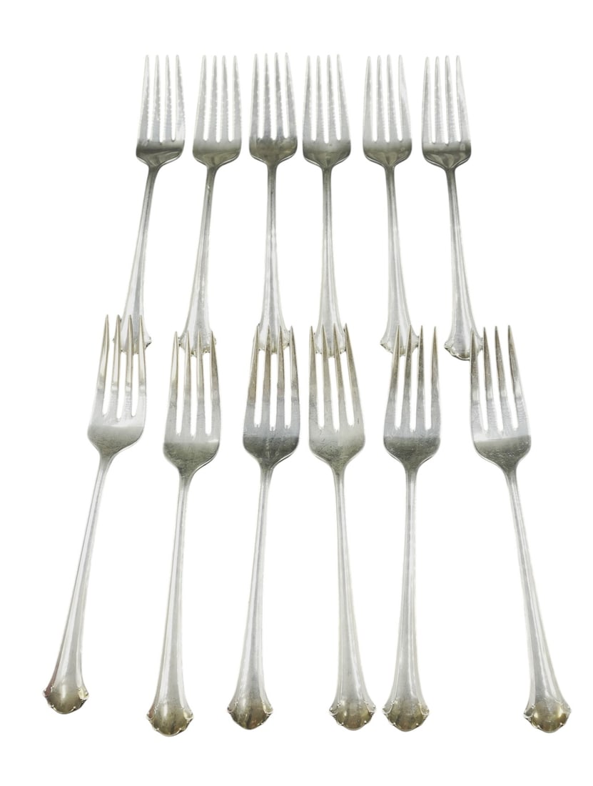 12 STERLING SILVER CHIPPENDALE SALAD FORKS: Twelve (12) Towle Sterling Silver Chippendale Sterling Individual Salad Forks 6 3/4". Approximate silver weight 436 grams. Chippendale silver by Towle features a curvaceous, understated design decorat