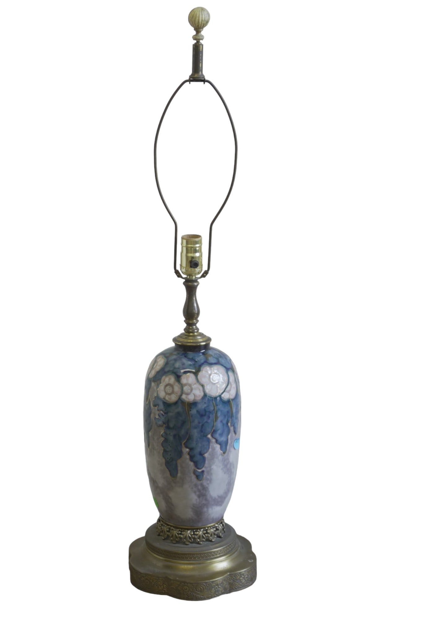 CAMILLE THARAUD ART DECO FRENCH LAMP: Camille Tharaud (1878-1956) French Art Deco Vase mounted as a lamp with original French brass fittings. Hand painted, polychrome glaze design of wysteria flowers and vines with gold gilt high-lights.