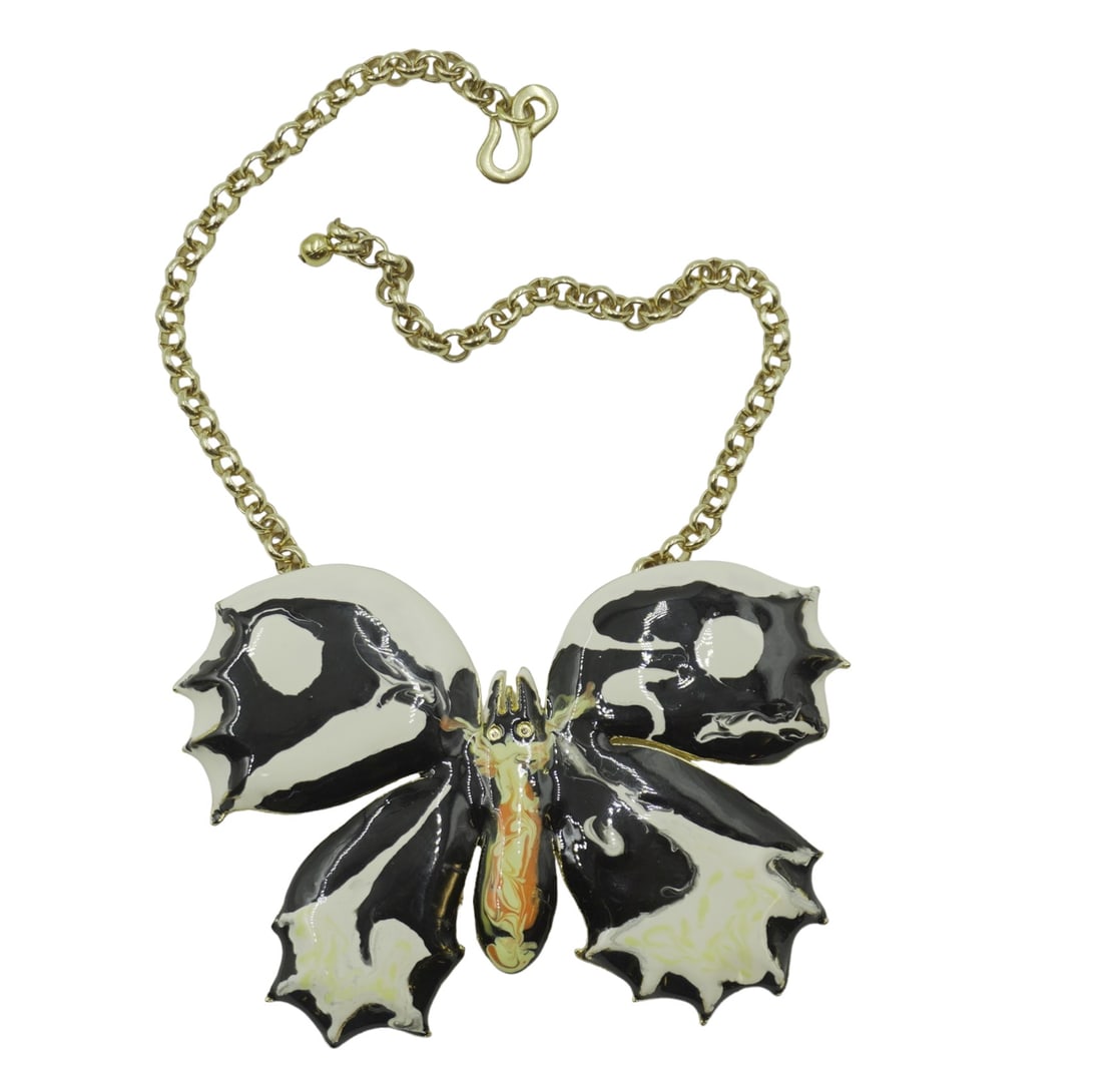 KENNETH JAY LANE MONARCH BUTTERFLY NECKLACE: Vintage Kenneth Jay Lane enamel butterfly necklace. 8" chain, 3" pendant. Total lot weight is 3.5 oz.