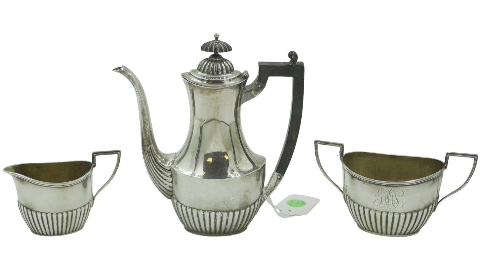 3 PC WHITING STERLING DEMITASSE SET 4789: Whiting Sterling Silver Demitasse Set 3 Pieces #4789. All Monogrammed. Demitasse Pot with ebony finial measures 7" x 6 1/2". Creamer measures 2 3/4" x 4 1/8". Open Sugar measures 3 1/8" x 5 1/2". Weig