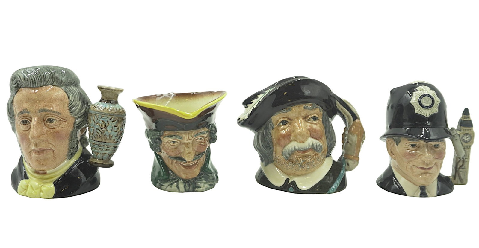 LOT OF 4 VINTAGE TOBY JUGS: Lot of 4 Vintage Toby Jugs. Including 1) Royal Doulton "Sancho Panca", copyright 1956. Measures 4" wide, 4" tall, and 2 3/4 in depth. 2) Royal Doulton "Sir Henry Doulton", produced in 1984. Measures 4