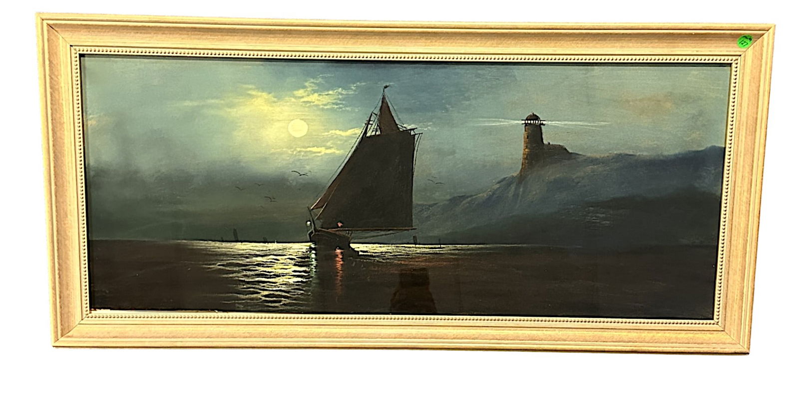 CLARENCE E. BRALEY (1854-1927) MOONLIT COASTAL PASTEL: Original Pastel and Gouache Moonlit Coastal scene with Fishing Boat and Lighthouse attributed to Clarence E. Braley (Massachusetts, 1854-1927). 17"x38"x1.75".Weight 11 lbs. Clarence Braley was a self-