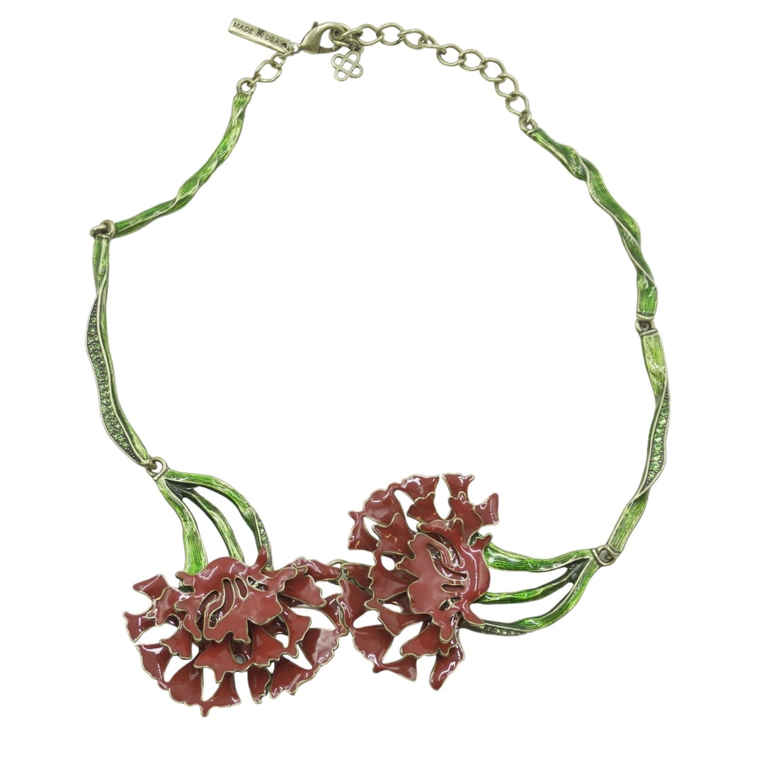 OSCAR DE LA RENTA LARGE CARNATION NECKLACE: Vintage Oscar De La Renta Enameled Carnation Necklace with Pave Swarovski Crystal Accents. Lobster clasp with signed Oscar De La Renta charm. Necklace 21" opened, each carnation 3.5". Weighs 4.6 oz.