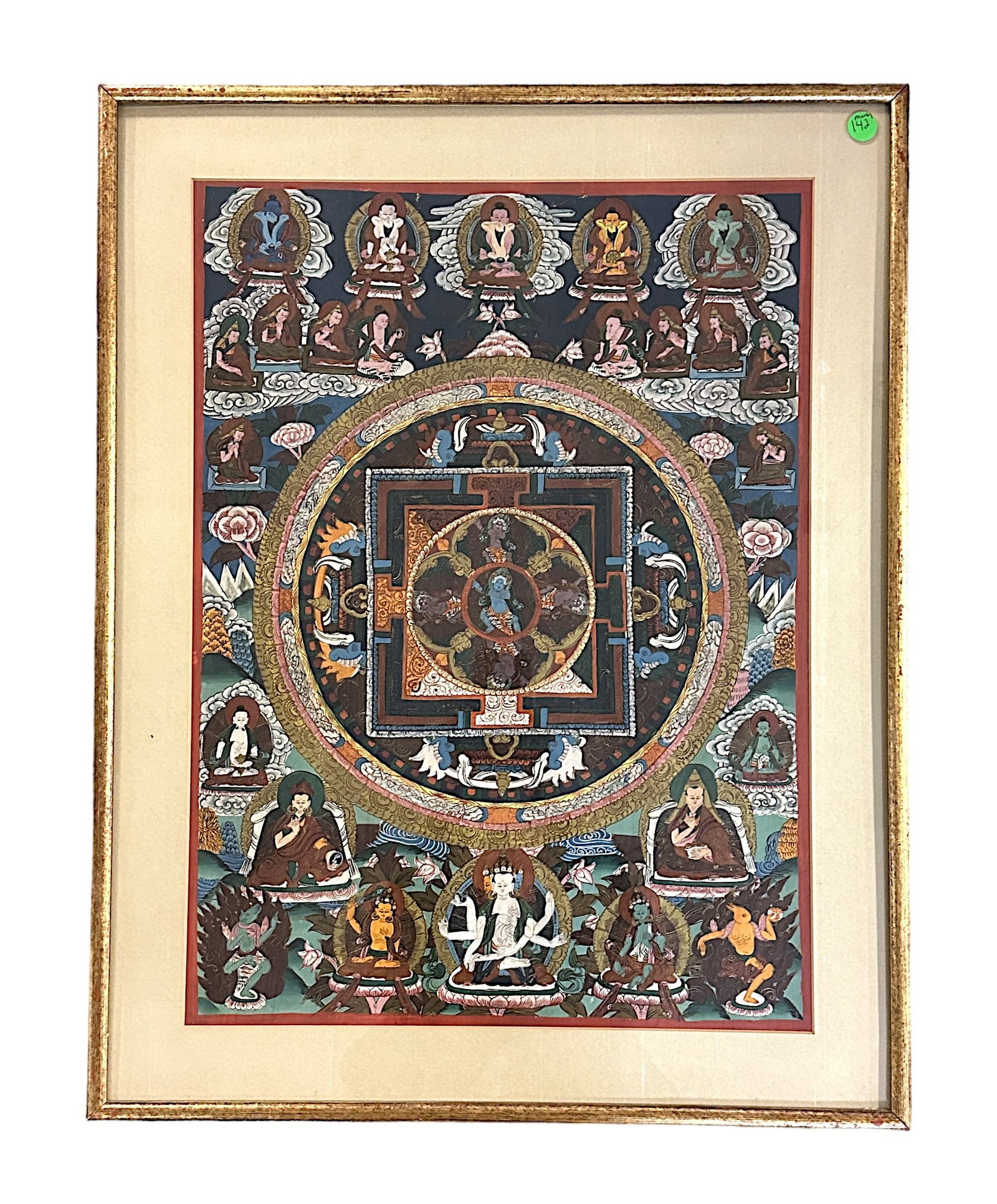 TIBETAN BUDDHIST HAND PAINTED MANDALA: Vintage Hand Painted Tibetan Buddhist Mandala. Professionally framed. In frame measures 26 1/2" x 21" x 1". Total Weight 7 lbs.
