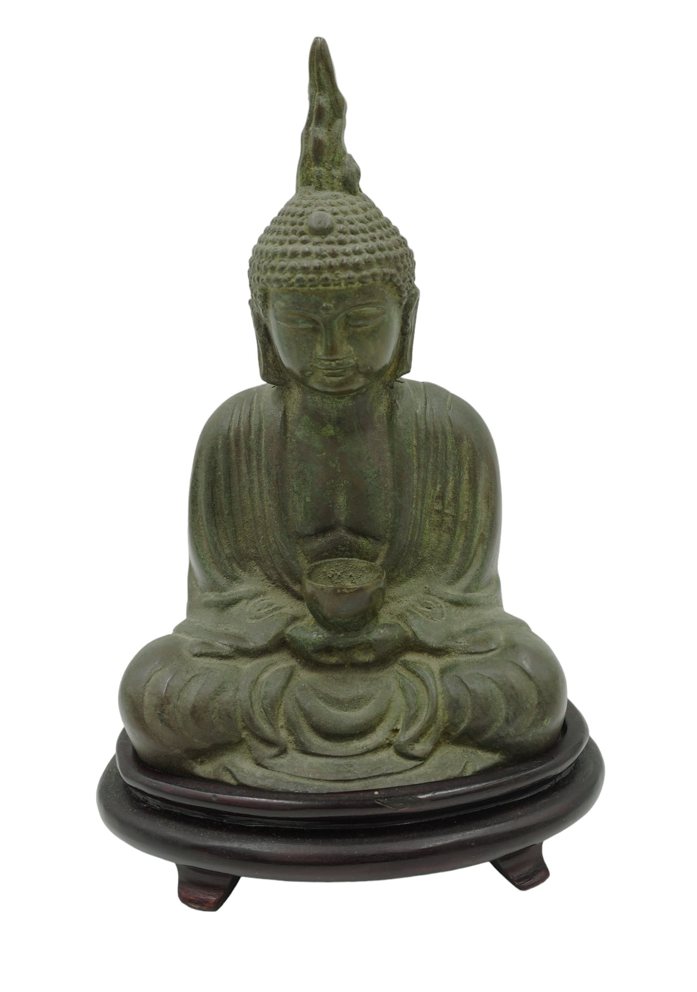 ANTIQUE THAILAND BRONZE SEATED BUDDHA: Antique Thailand Bronze Buddha in a seated position wearing a tall headdress and flowing robes and holding a bowl for alms. Measures 5.5"x3.4"x8.5". Weight 3 lbs 9 oz