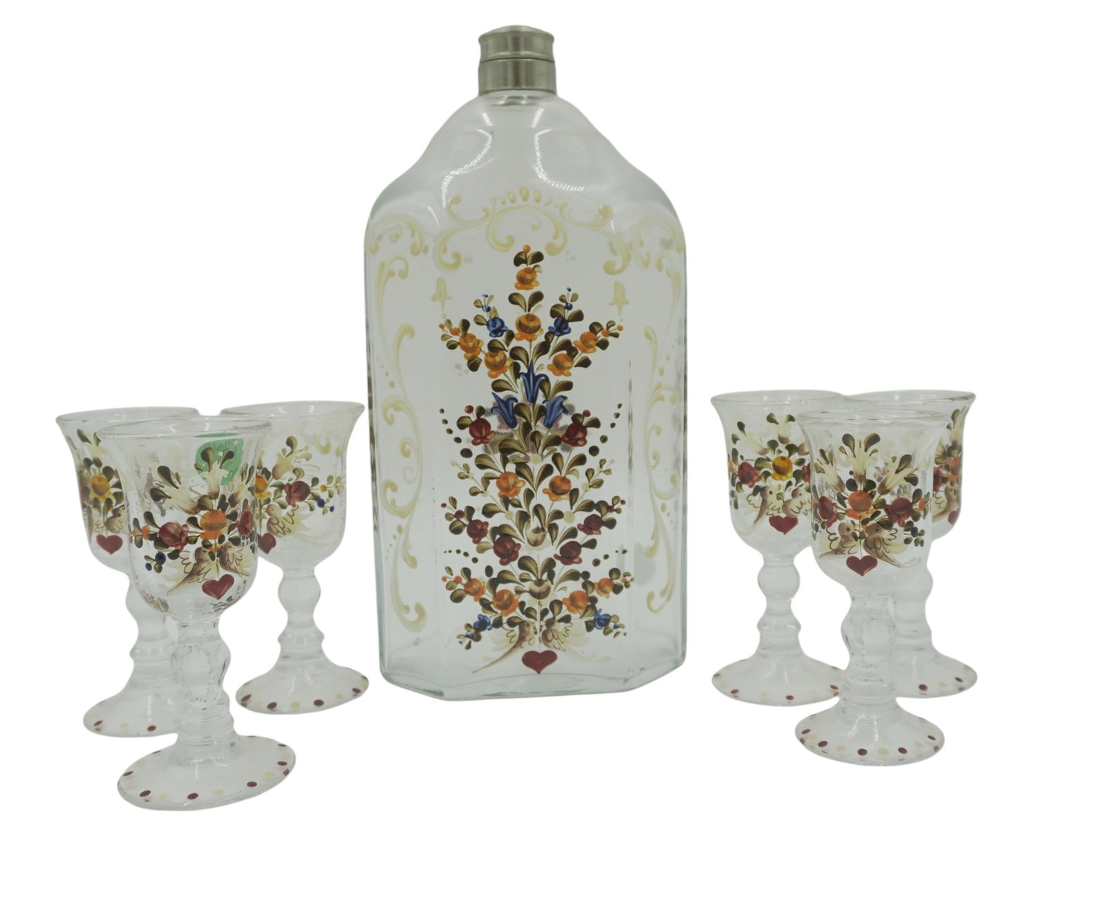 MCM PETER WOLKKE HAND PAINTED DECANTER & 6 GLASSES: MCM Austrian Peter Wolkke Hand Painted Enamels Glass Decanter and 6 Glasses. Lovebirds, Florals, Scrolls. Decanter 4.5"x3.5"x10". Each Glass 4.35". Weight on all 3 lbs 4 oz.
