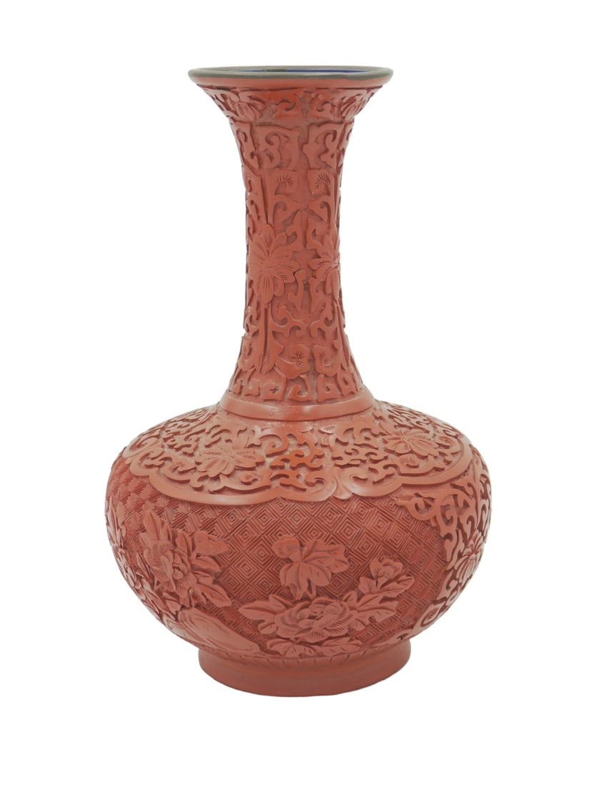 CHINESE CARVED CINNABAR LACQUER VASE: Vintage Carved Red Cinnabar Lacquer Vase over Blue Enamel. Measures 5.5"x5.5"x9.25". Weight 1 lb 2 oz