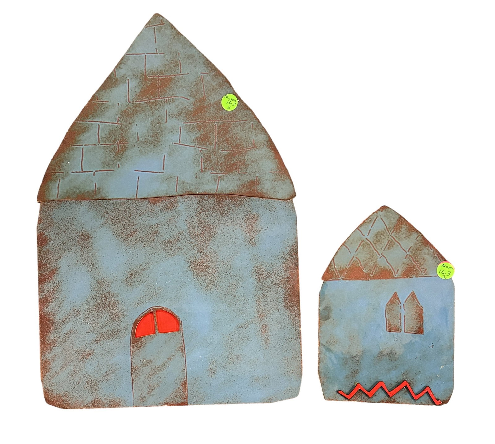 2 GRETCHEN GOSS ENAMEL ON COPPER CHURCHES: Two (2) Gretchen Goss (Cleveland School, b. 1955) Enamel on Copper Houses of Worship Contemporary Wall Sculpture. 1 at 12"x18" and 1 at Combined weight 9"x6". 4 lbs. Gretchen Goss is among the leading