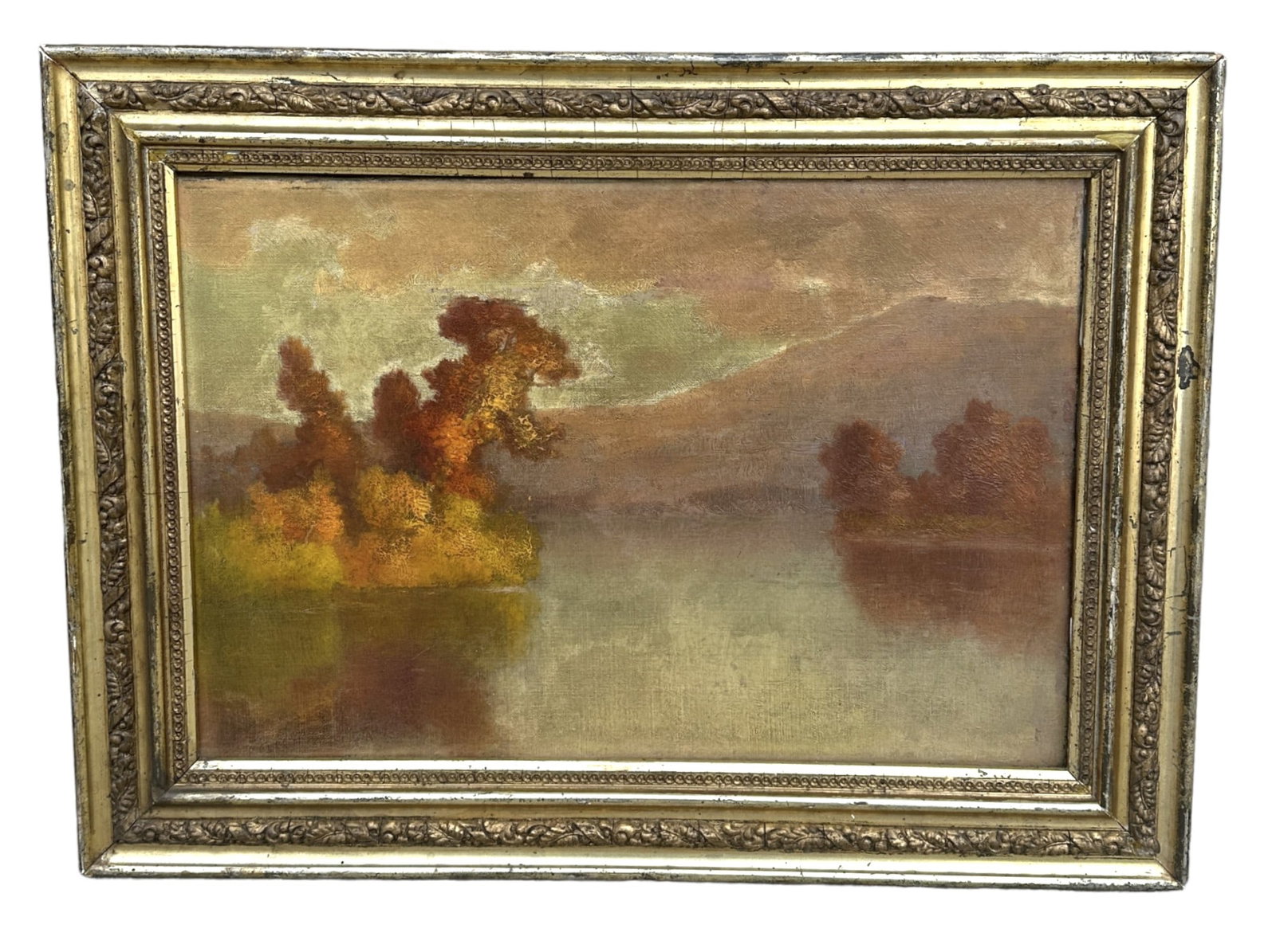 19th c HUDSON RIVER SCHOOL OIL ON CANVAS: Antique 19th c Hudson River School Oil On Canvas, unsigned. In gilt wood frame 23"x18"x1.5". Weight 5 lbs. ROVENANCE: Terri Henning Collection, The Peoples Building Penthouse,18 Broad Street, Charlest