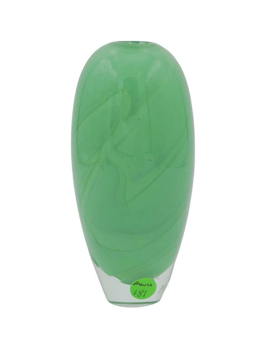 ANNA EHRNER MCM KOSTA BODA BLOWN ART GLASS VASE: Vintage MCM 1970s Anna Ehrner for Kosta Boda Vase. Stunning shades of green swirls. Signed. Anna Ehrner (b.1948) is one of Sweden's leading contemporary glass artists. She is most known for her art an