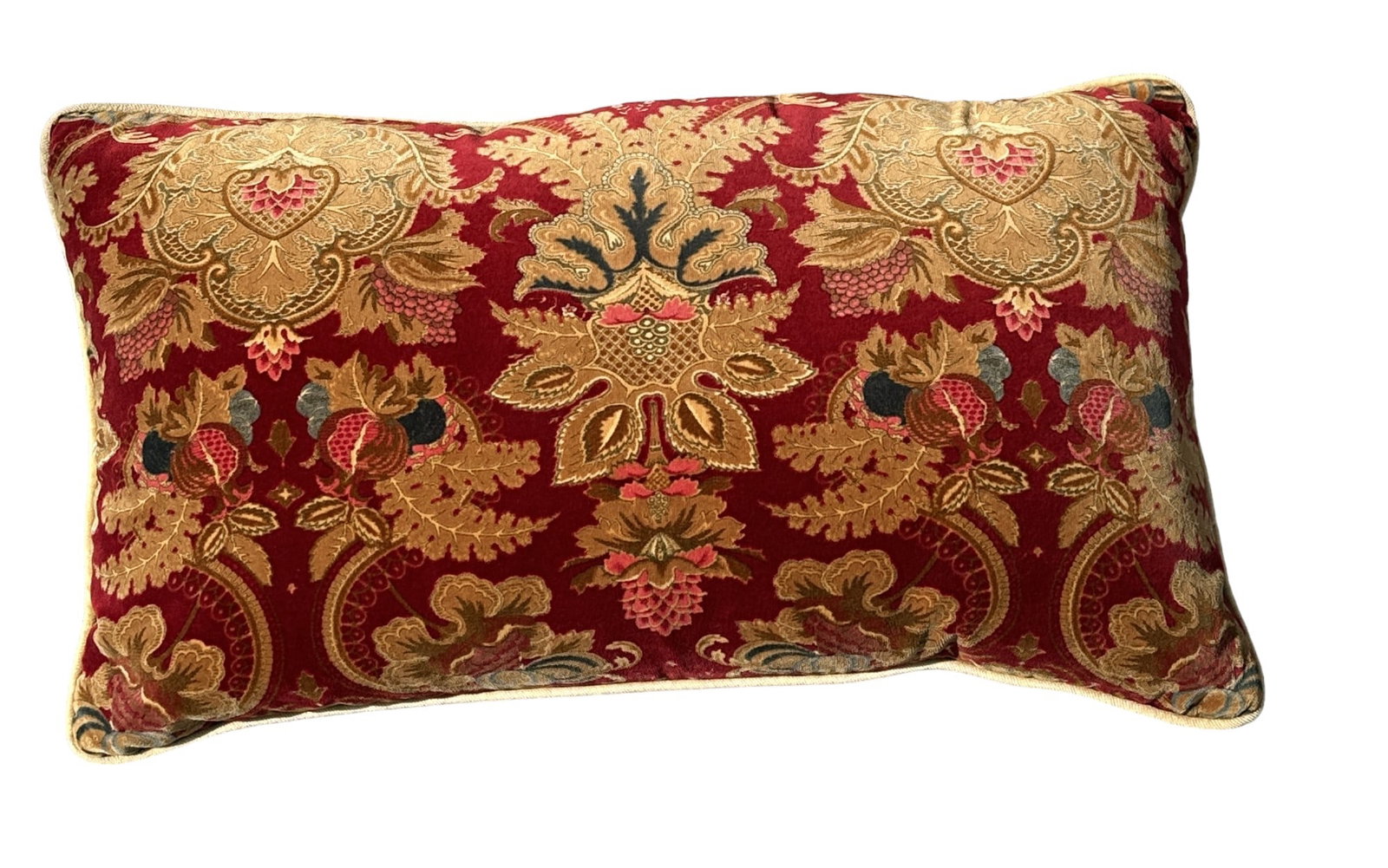 VINTAGE DESIGNER LUMBAR PILLOW - RALPH LAUREN: Vintage Ralph Lauren Velvet "Jardiniere" Lumbar Pillow. Measures 22 1/2" x 13". Total Weight 2 lbs. PROVENANCE: A Private Estate, 1016 Fifth Avenue, NYC directly across from the Metropolitan Museum.