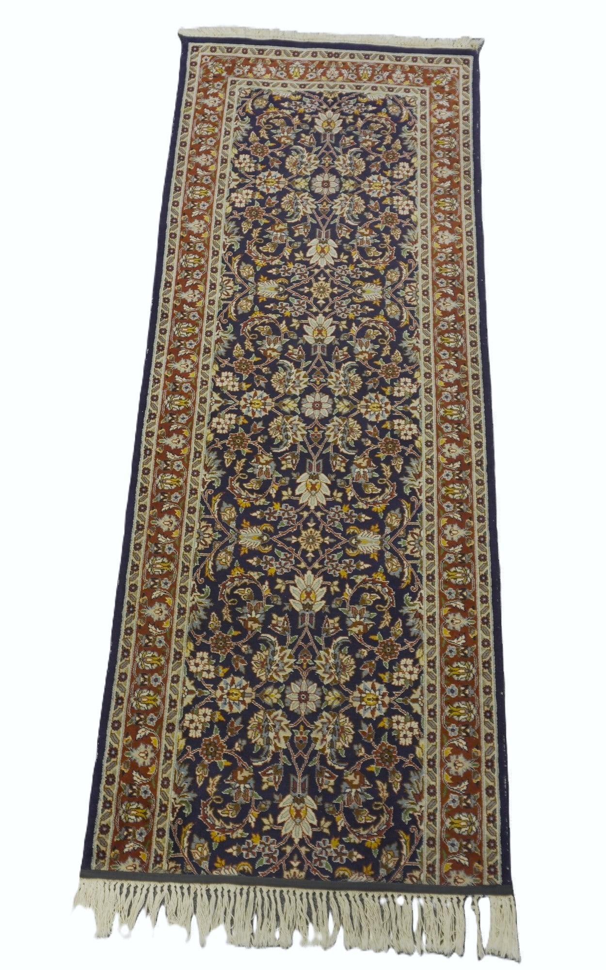 HAND KNOTTED WOOL KASHMAR STYLE RUNNER: Kashmar Style Hand Knotted 100% Virgin Wool Runner made in Pakistan. Measures 116" x 31 1/2". Total Weight 13 lbs.