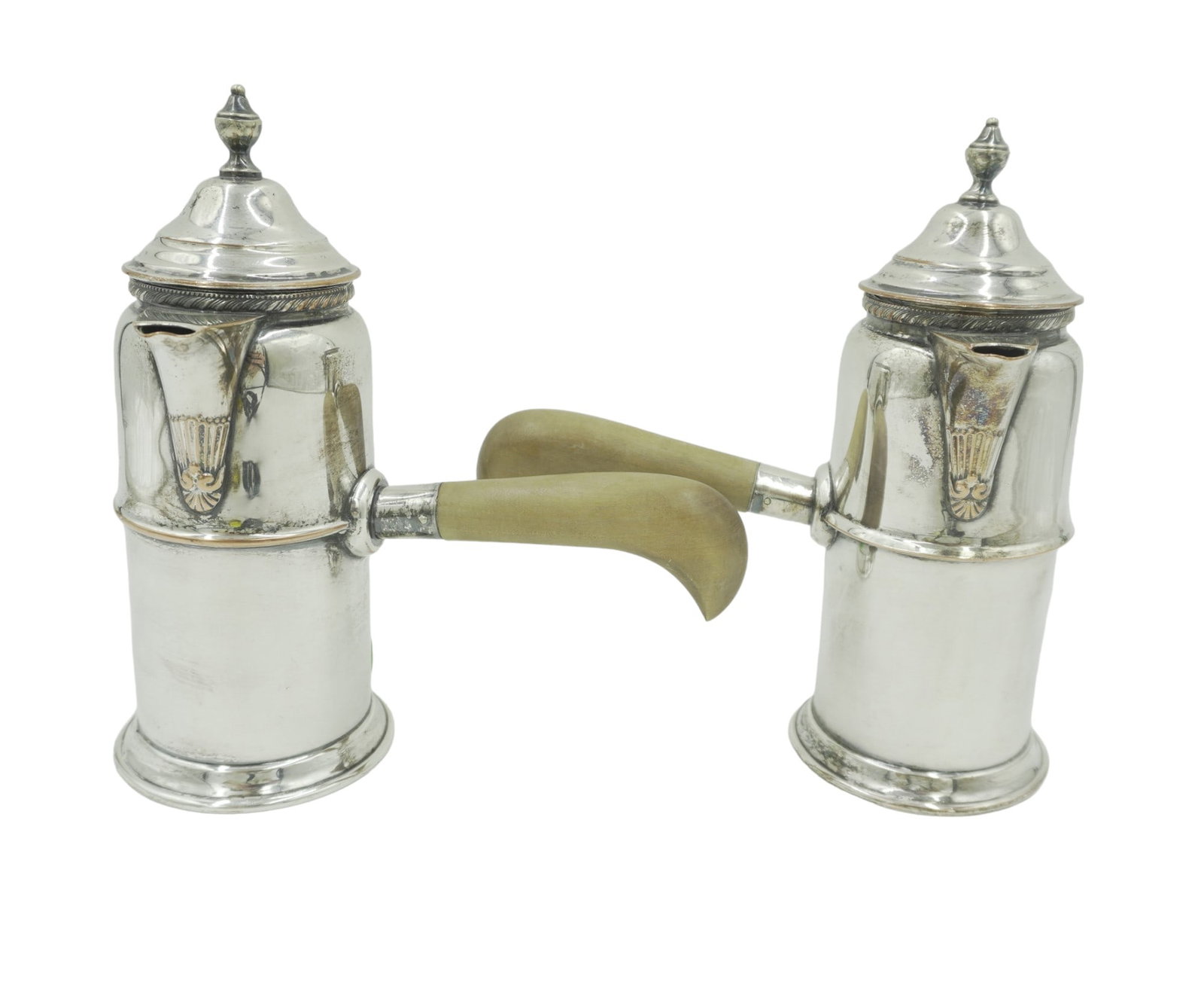 PAIR ANTIQUE ENGLISH CHOCOLATE POTS: Pair of Antique English Silver on Copper Chocolate Pots. Each .6.5"x3.5"x7.5". Weight 1 lb 4 oz