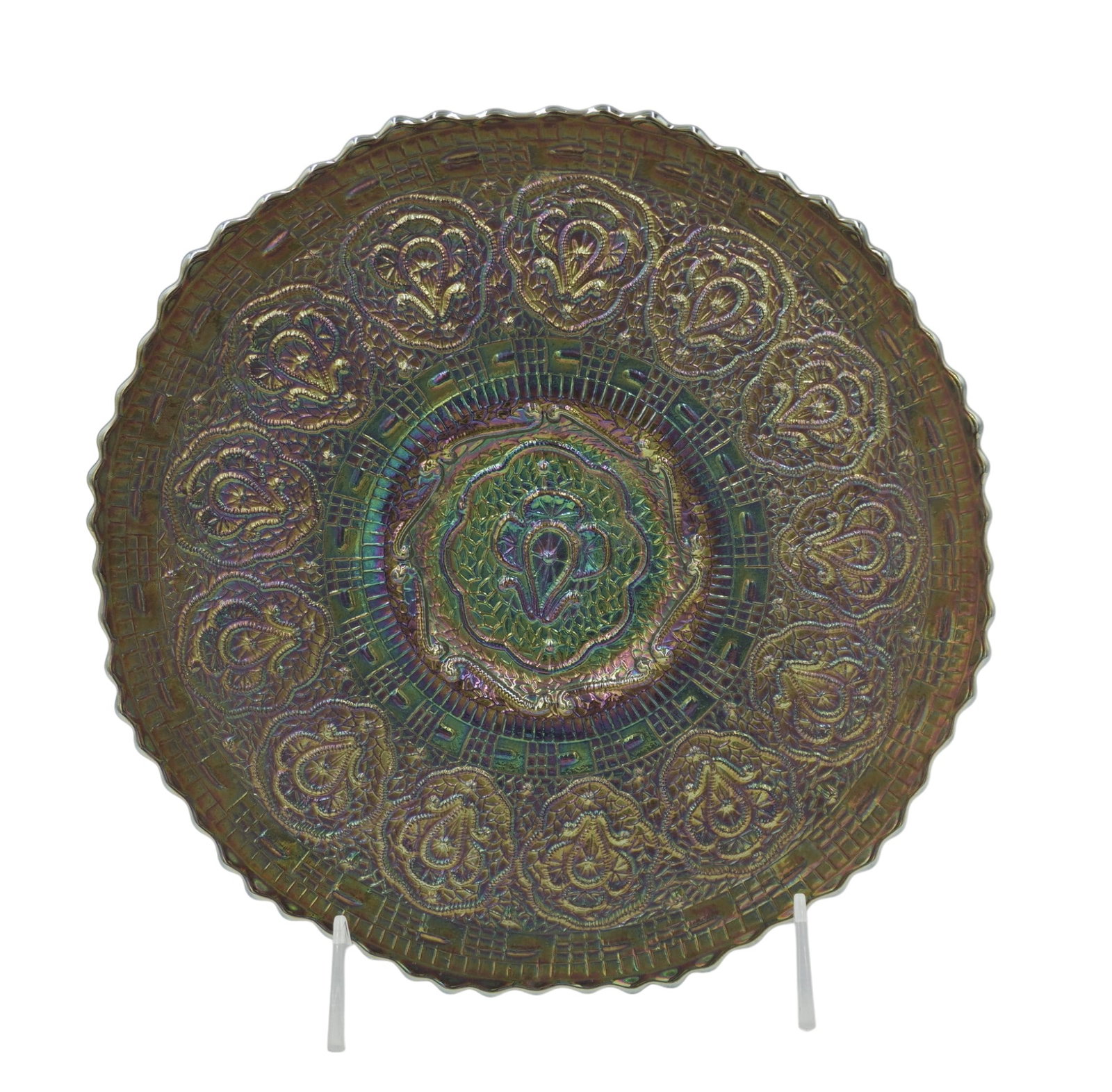 FENTON PERSIAN MEDALLION FOOTED PLATE: Fenton Persian Medallion Amethyst Iridescent Carnival Glass Footed Plate. 9.5"x9.5"x1". Weight 1 lb 5 oz. Persian Medallion was a very popular design: it appears in Butler Brothers ads for Classic Car