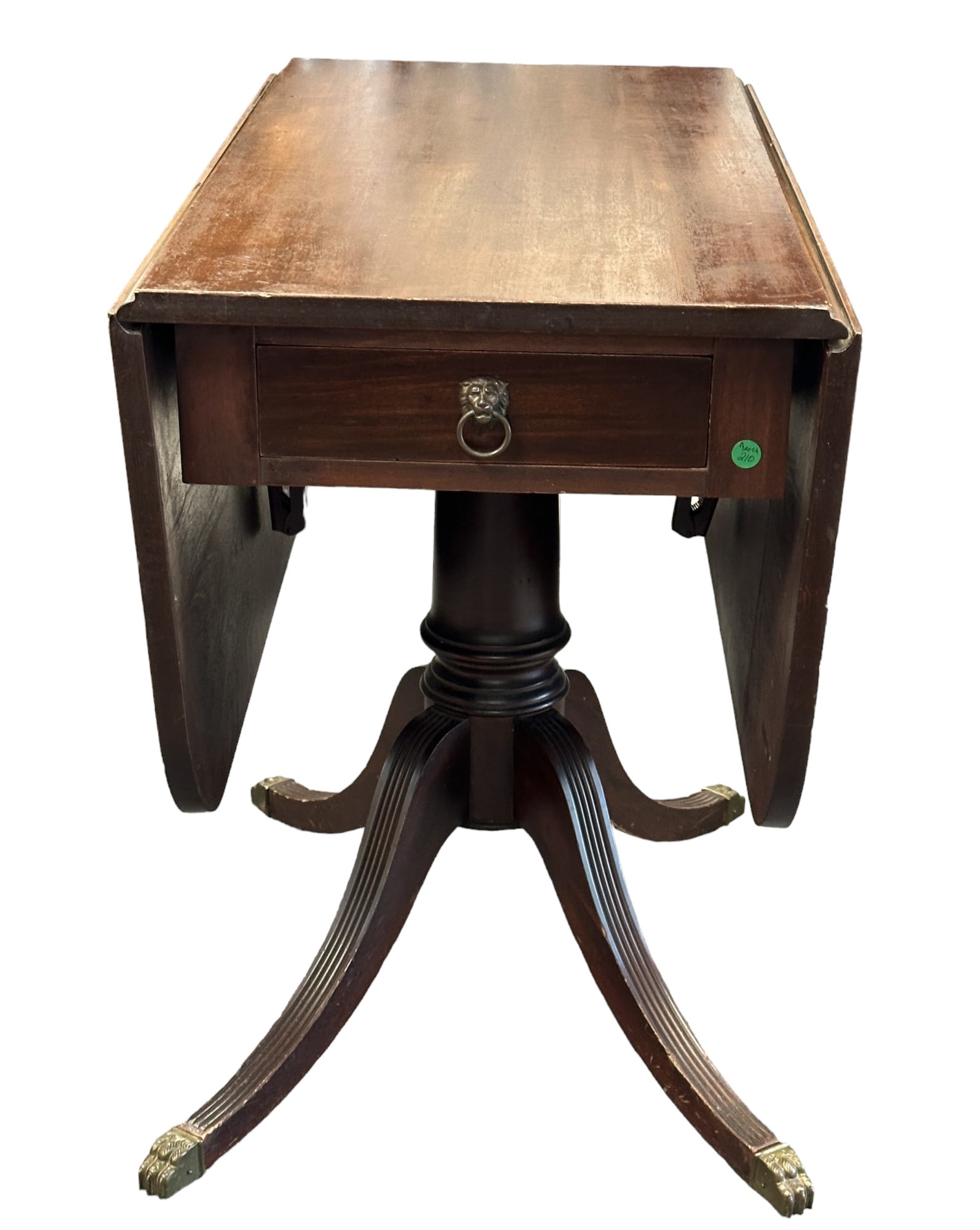 ANTIQUE PEMBROKE DROP LEAF TABLE: Antique Pembroke Mahogany Drop Leaf Table. Lion hard brass drawer pull. On brass capped paw feet, Measures 36" long 18" wide (closed) and 30" tall Each Leaf 15.5".