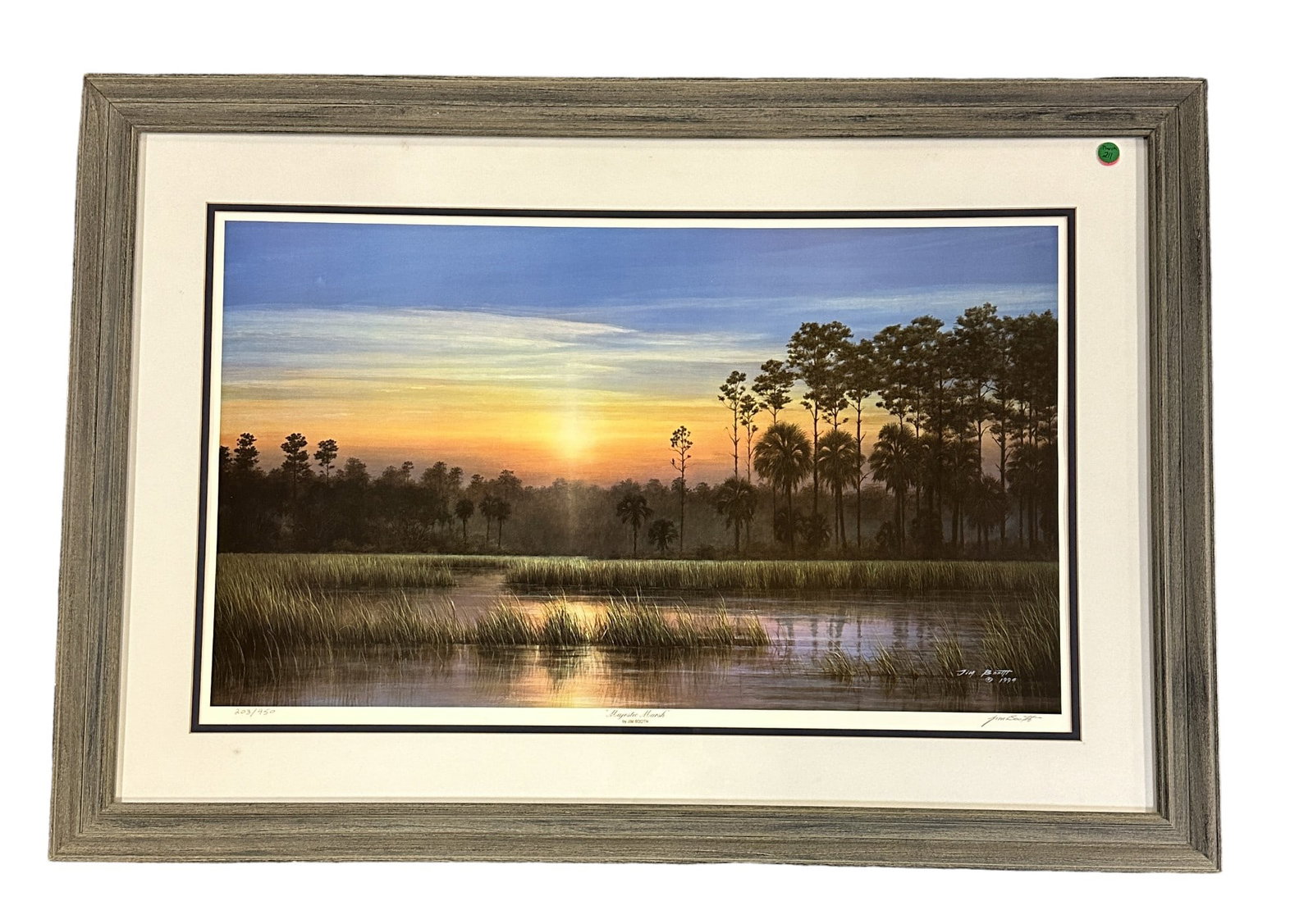 JIM BOOTH MAJESTIC MARSH LTD ED: Jim Booth Large Sold-Out Limited Edition "Majestic Marsh". Pencil signed and numbered 203/950 by Jim Booth. Professionally framed and matted measures in frame 39.5"x27"x1.5". Weight 14 lbs, Sunset ove