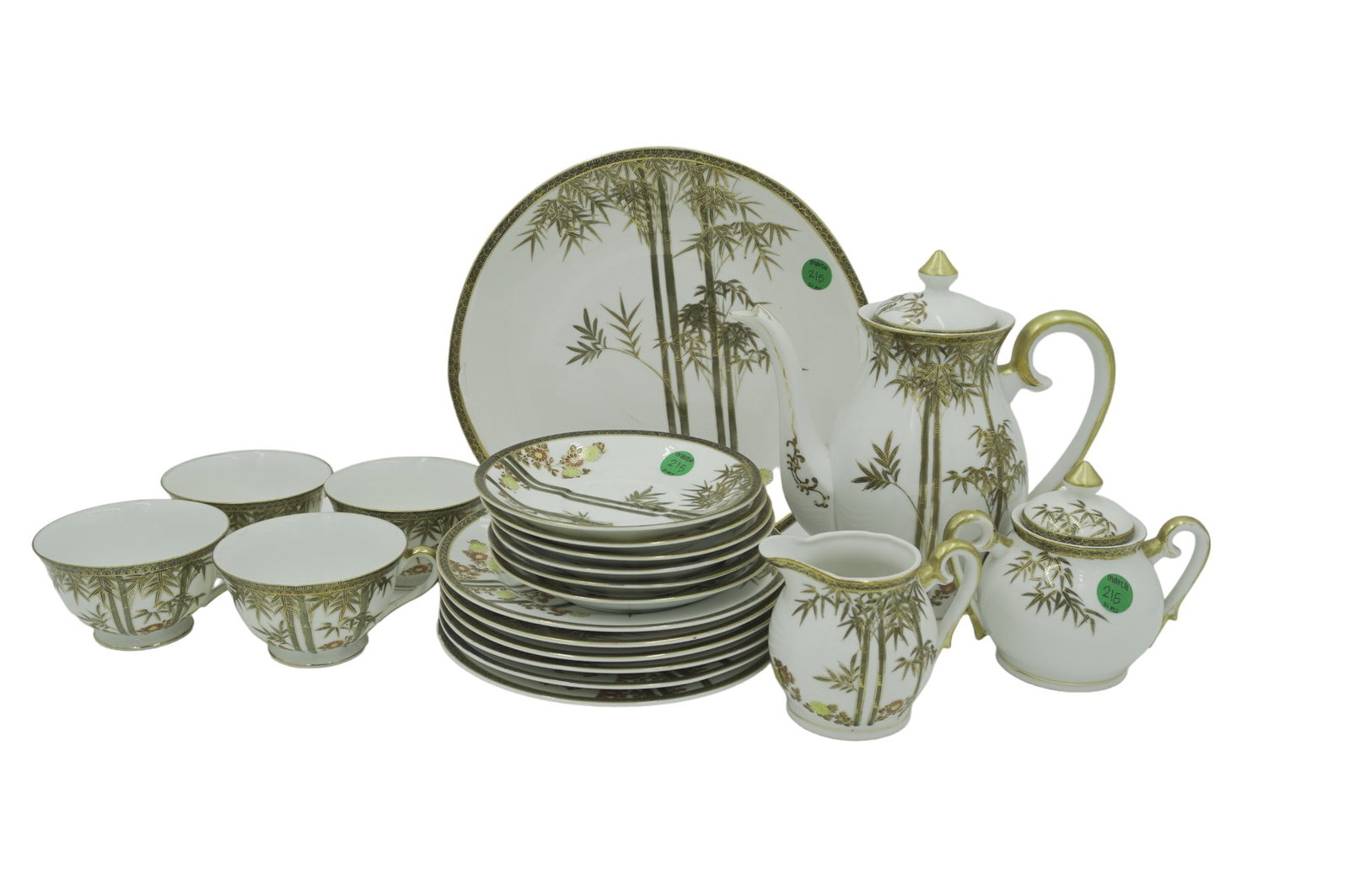 CRAFTSMAN JAPANESE CHINA TEA SET IN THE PATTERN "KUTANI" - 21 Pieces: 21 pieces of Craftsman Japanese handpainted china in the pattern "Kutani". This lot includes 1 serving platter, 1 teapot, 1 sugar pot, 1 creamer, 5 teacups, 6 saucers, 6 small plates. Total lot weight