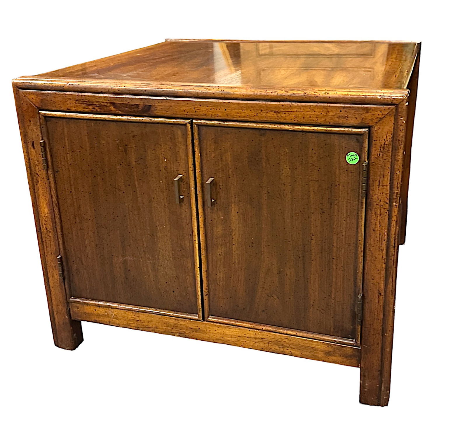 VINTAGE MCM TWO DOOR END TABLE: This excellent cube shaped commode cabinet is finished on all sides, making it perfect for an accent table in between 2 chairs. The 2 door cabinet open to give you so much always needed storage. It si