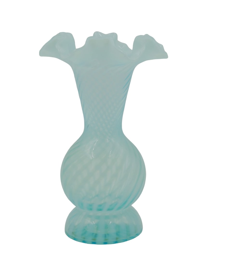 FENTON BLUE OPALESCENT STRIPED VASE: Fenton Blue Opalescent Striped Vase, circa 1940s. Measures about 8.5" tall. Lot weight is 1 lb 1.7 oz.